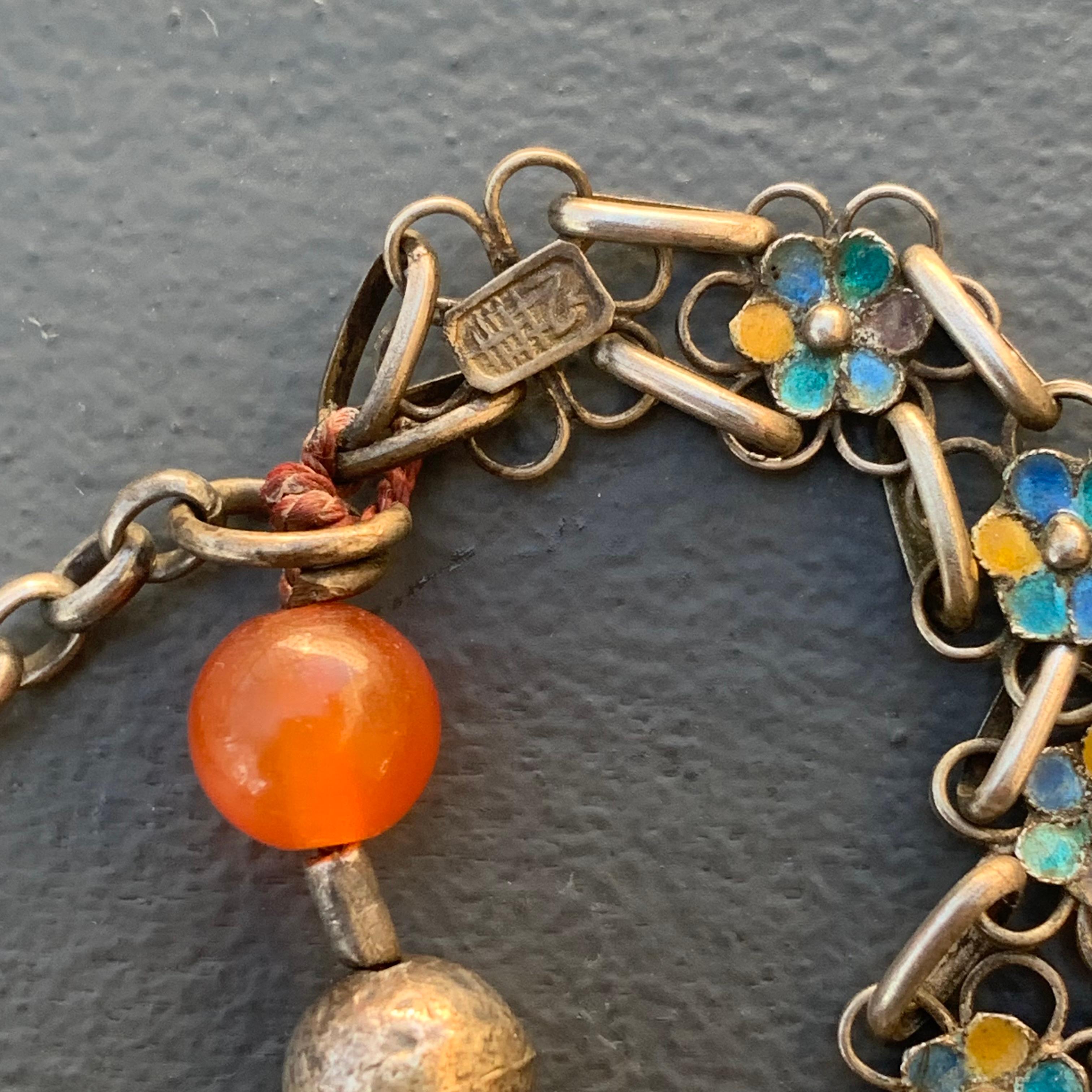 Women's or Men's Vintage Chinese Mongolian Carved Carnelian Turquoise Silver Enamel Necklace For Sale
