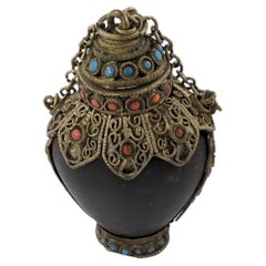 Vintage Mongolian Silver Filigree Chained Stopper Snuff Bottle 20c