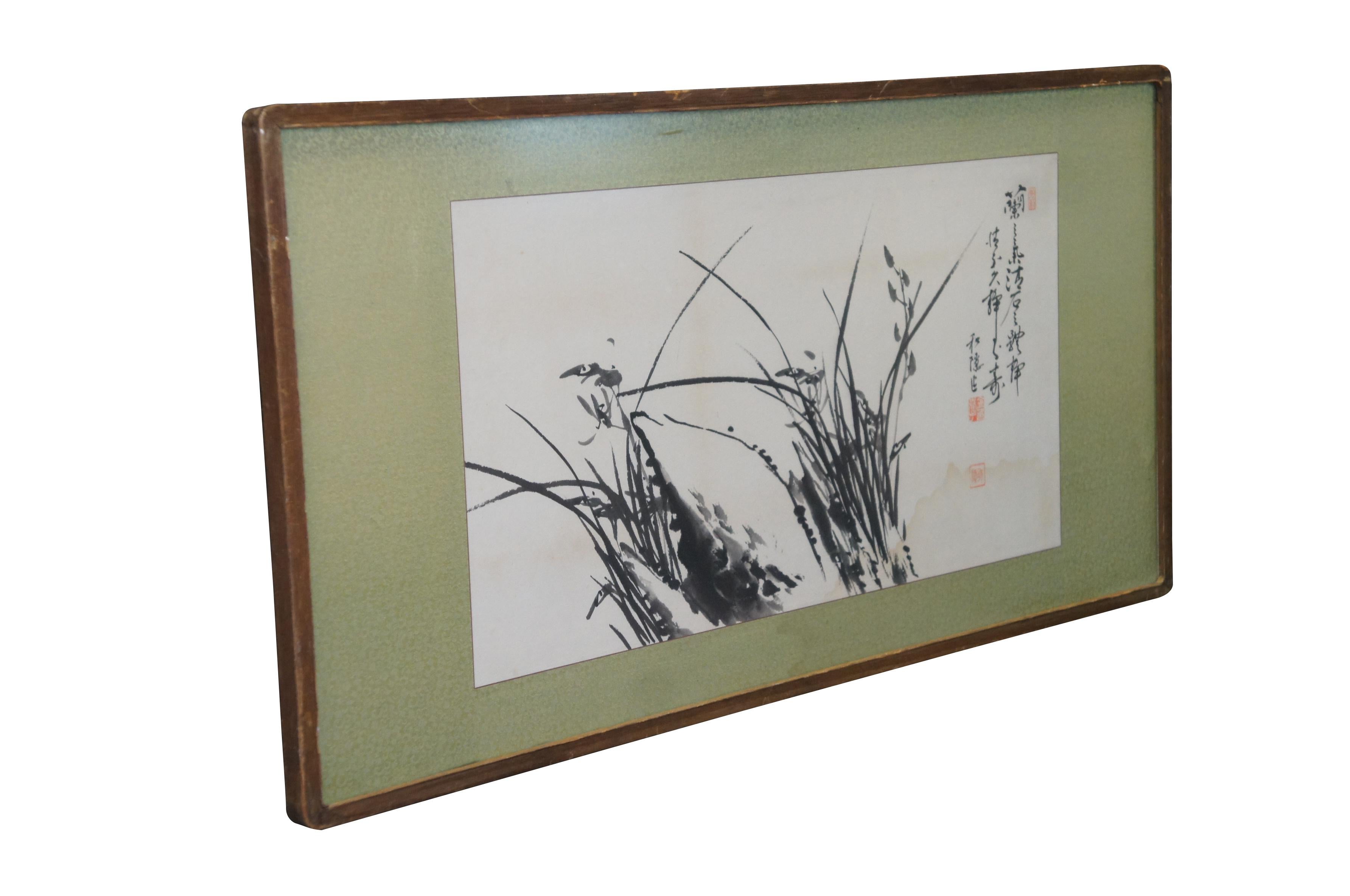 Chinoiserie Vintage Chinese Orchid Flower Landscape Scroll Poem & Painting 37