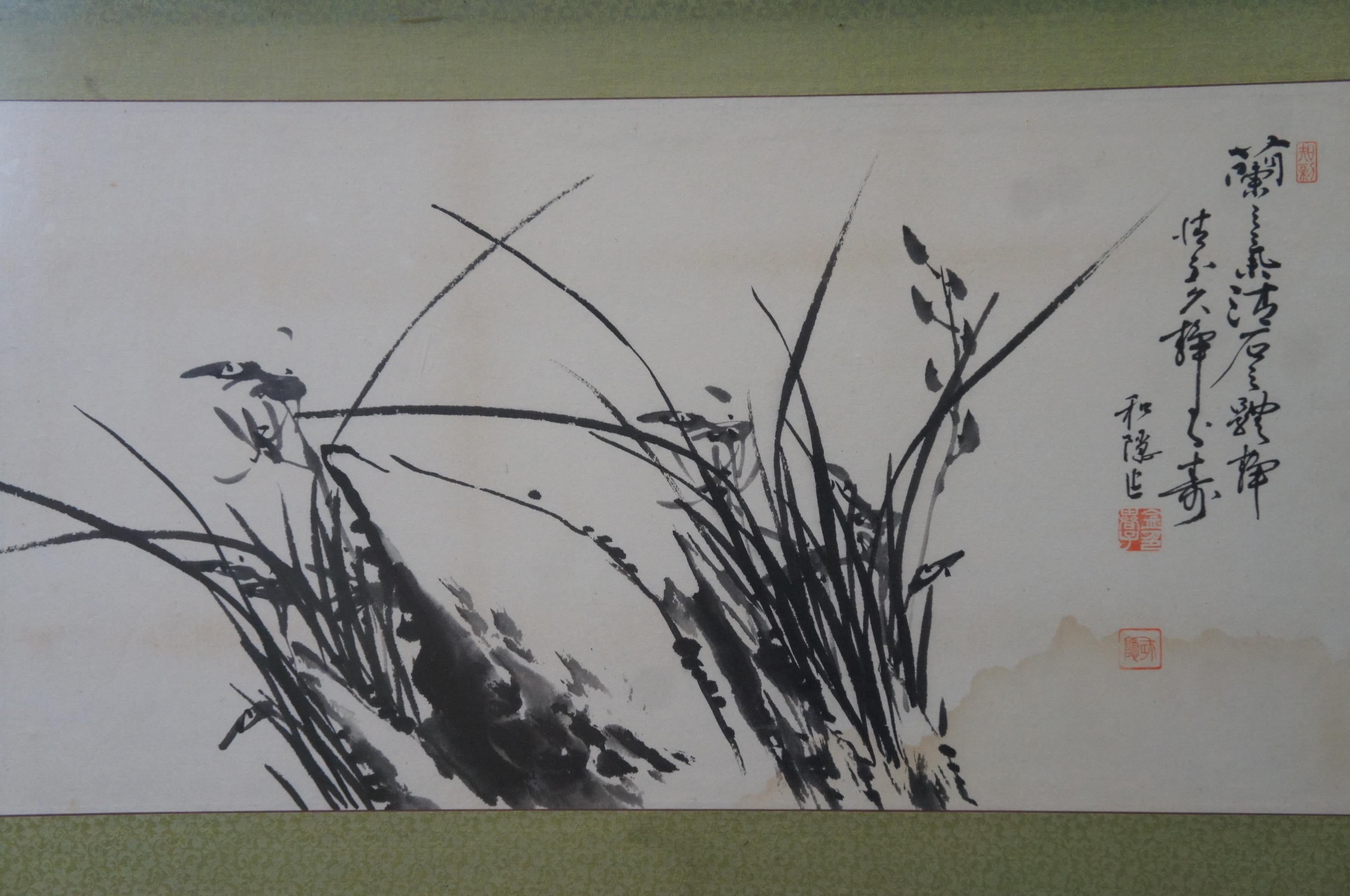 Vintage Chinese Orchid Flower Landscape Scroll Poem & Painting 37