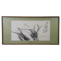 Vintage Chinese Orchid Flower Landscape Scroll Poem & Painting 37"