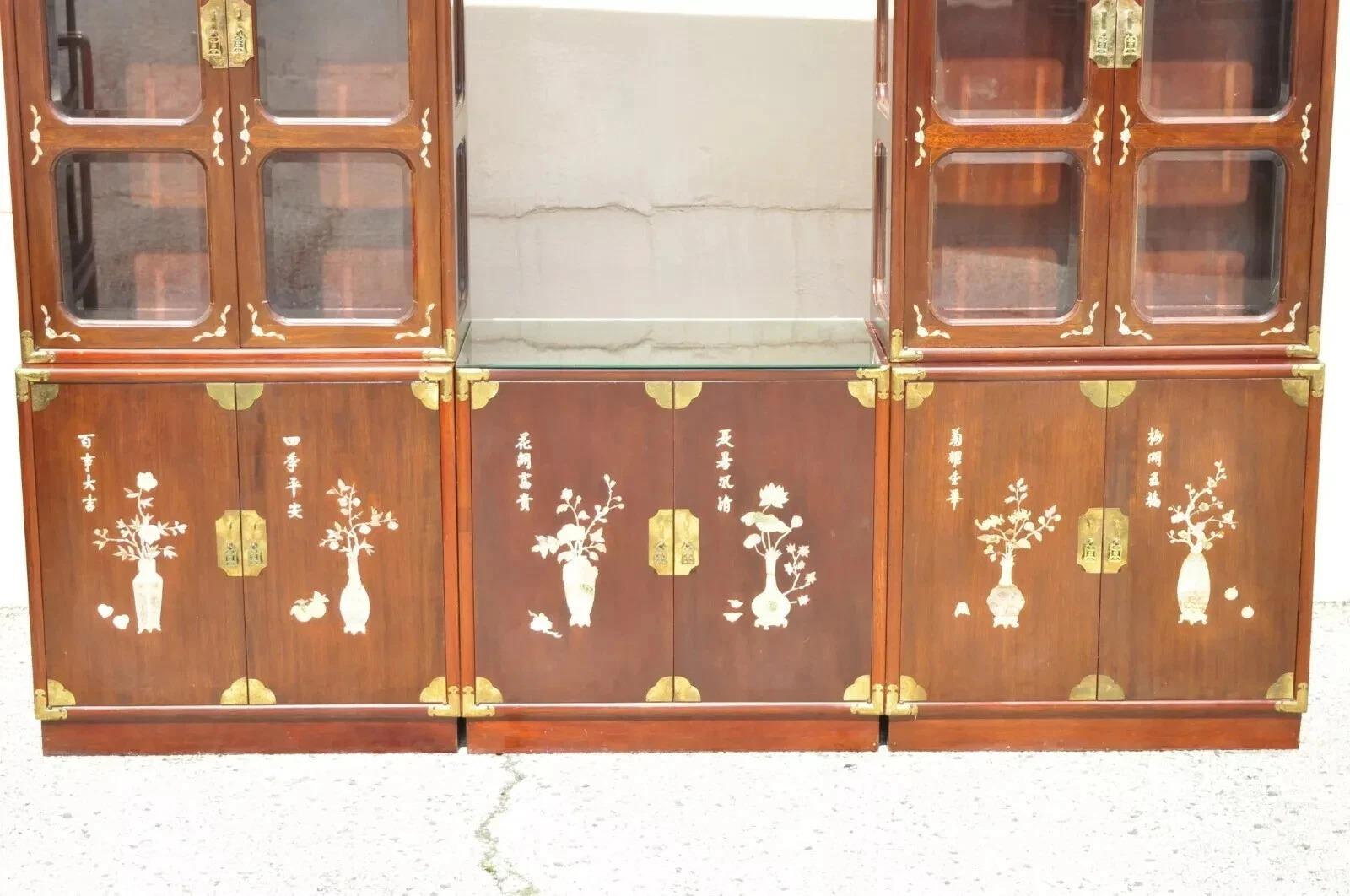 Chinoiserie Vintage Chinese Mother of Pearl Hardwood China Cabinet Curio Display Wall Unit For Sale