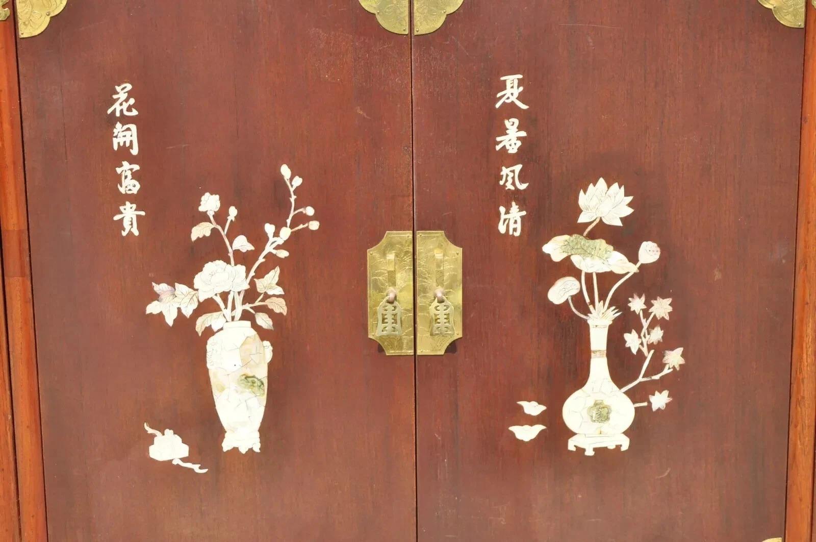 Unknown Vintage Chinese Mother of Pearl Hardwood China Cabinet Curio Display Wall Unit For Sale