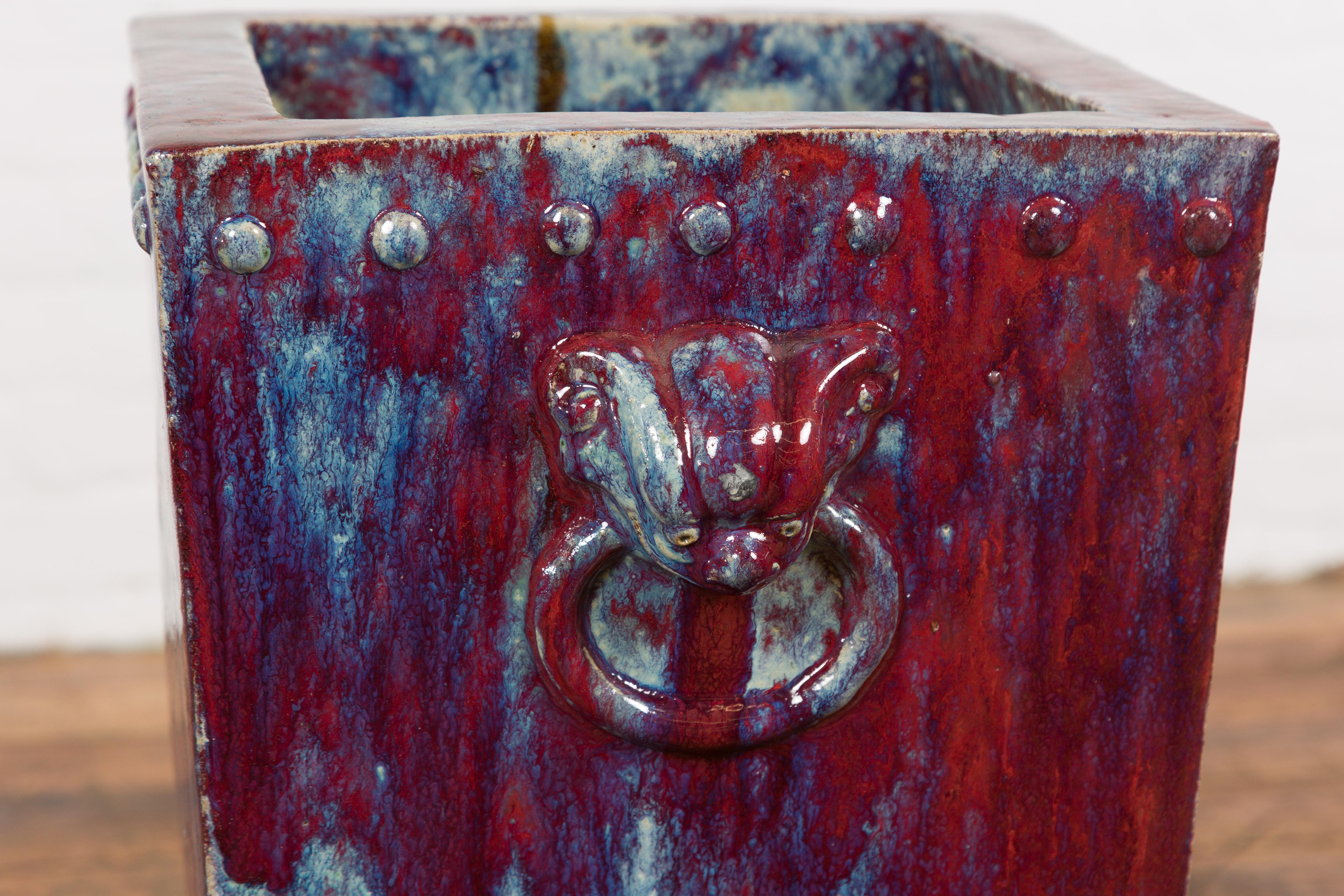 Red and Blue Chinese Vintage Ceramic Planter For Sale 12