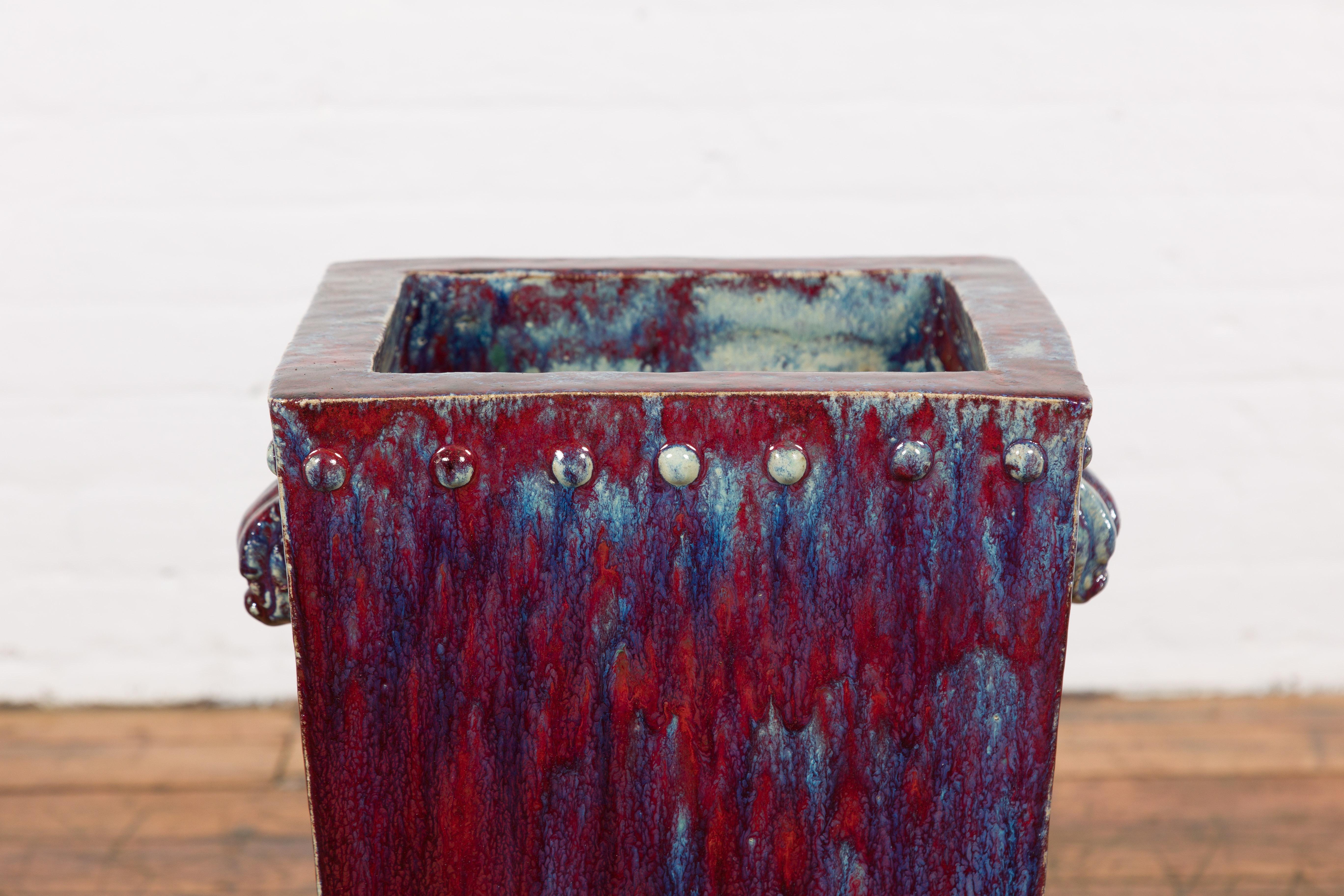 Red and Blue Chinese Vintage Ceramic Planter In Good Condition For Sale In Yonkers, NY