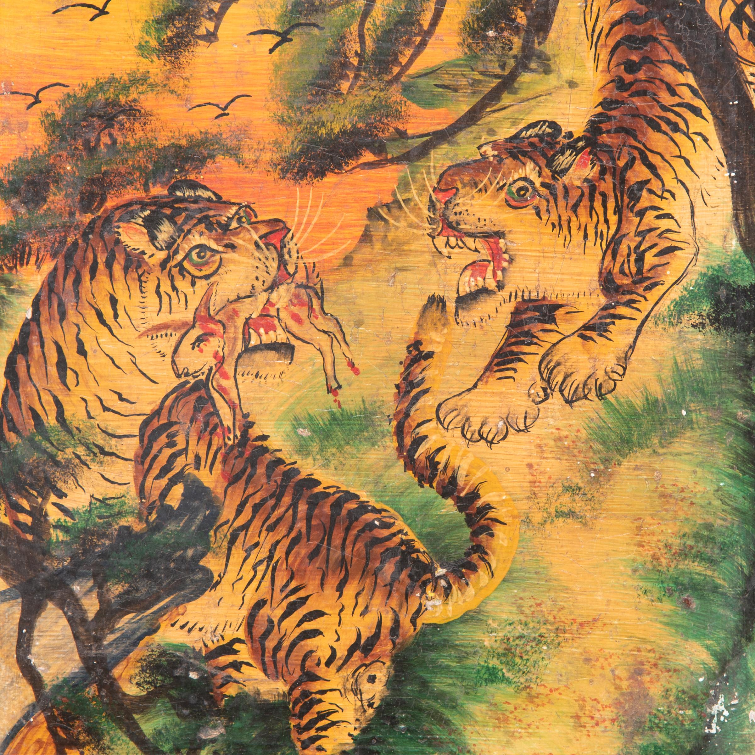 Folk Art Vintage Chinese Mythological Tiger Painted Panel