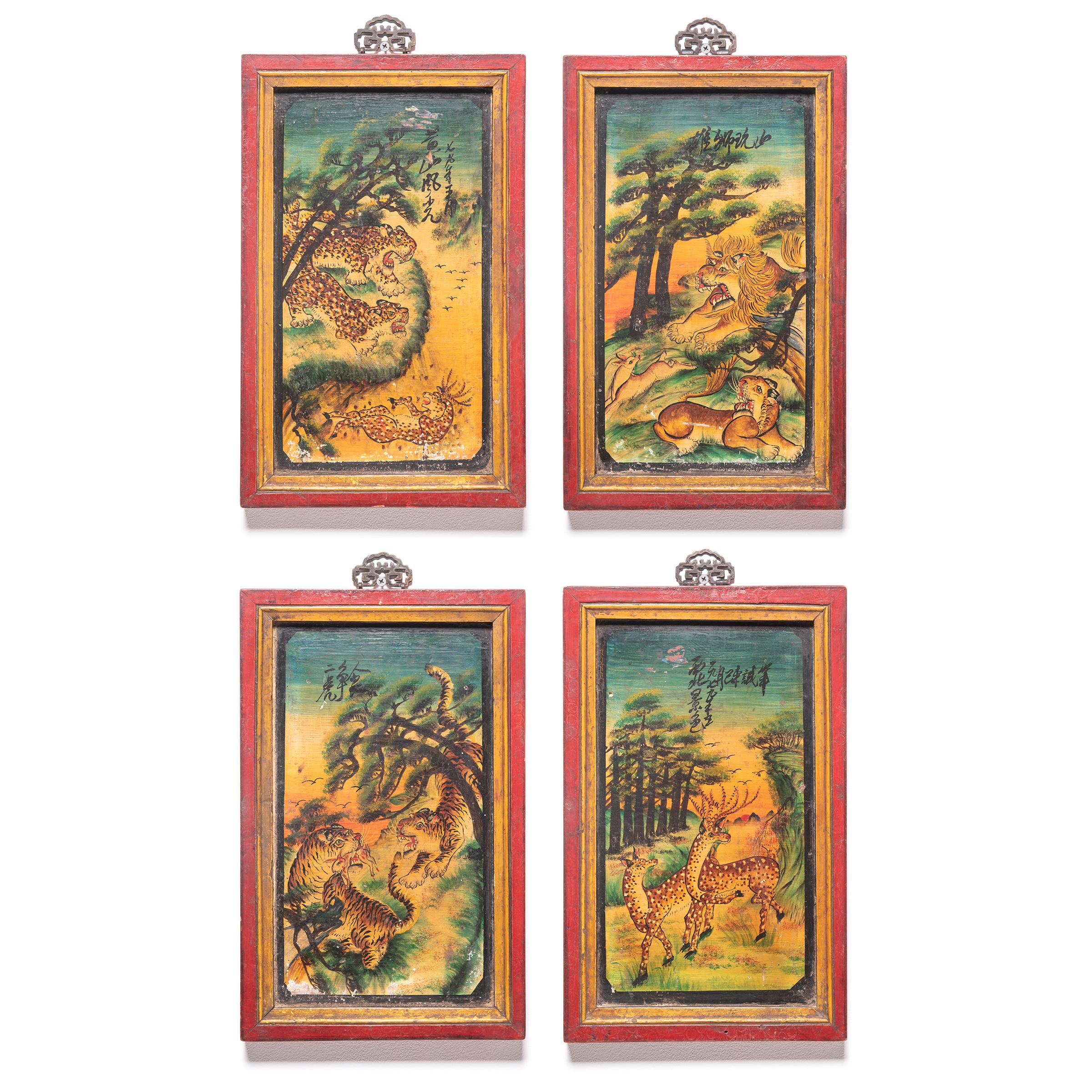 Hand-Painted Vintage Chinese Mythological Tiger Painted Panel