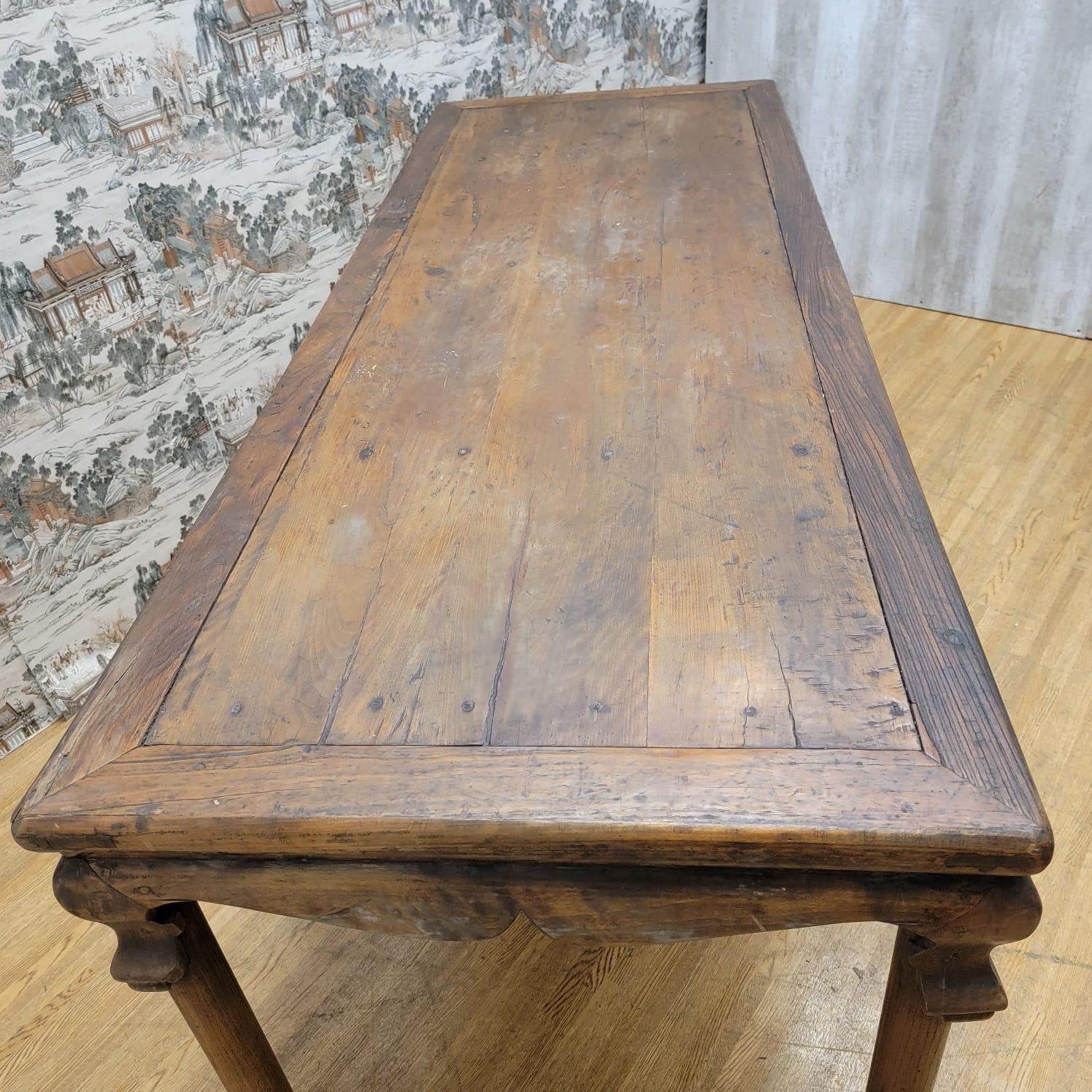 Vintage Chinese Natural 6 Seat Elm Dining Table In Good Condition In Chicago, IL