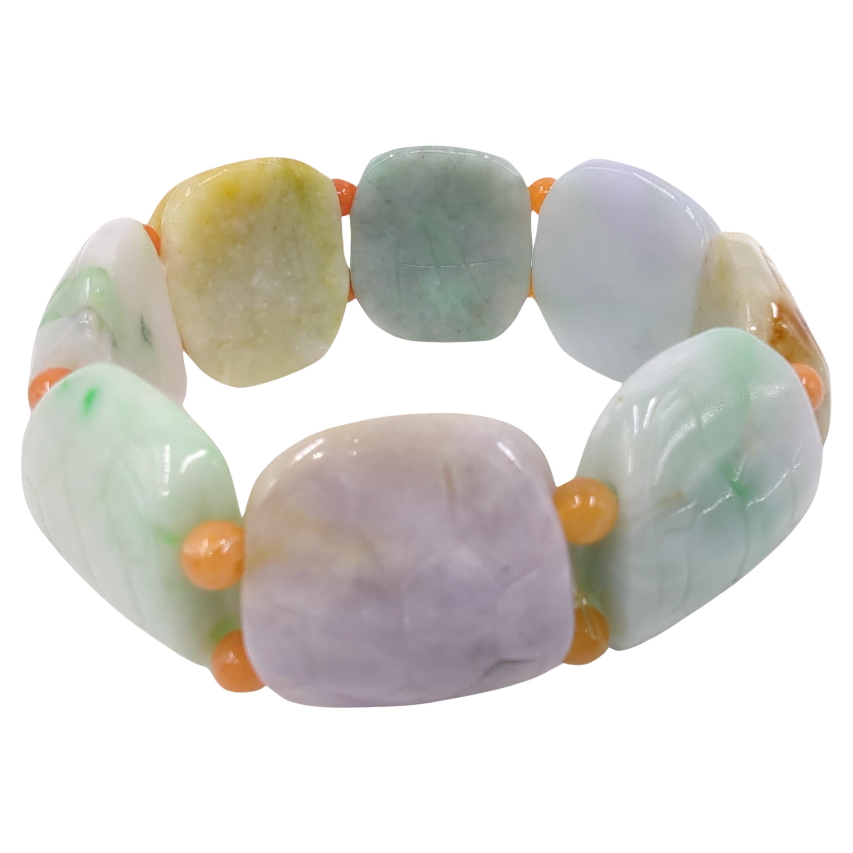 Vintage Chinese Natural Jadeite Turtle Shell Form Multi-Colored Beaded Bracelet For Sale 4