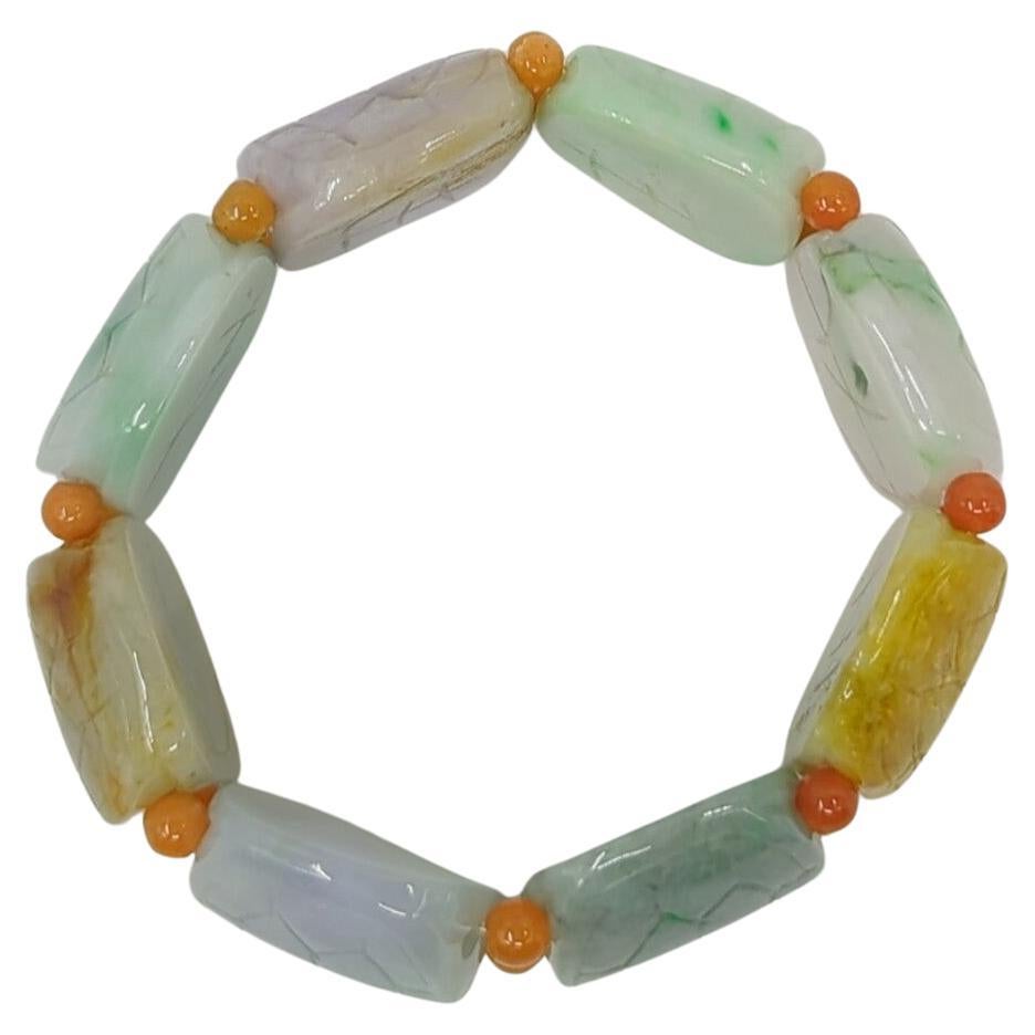 Vintage Chinese Natural Jadeite Turtle Shell Form Multi-Colored Beaded Bracelet For Sale 5