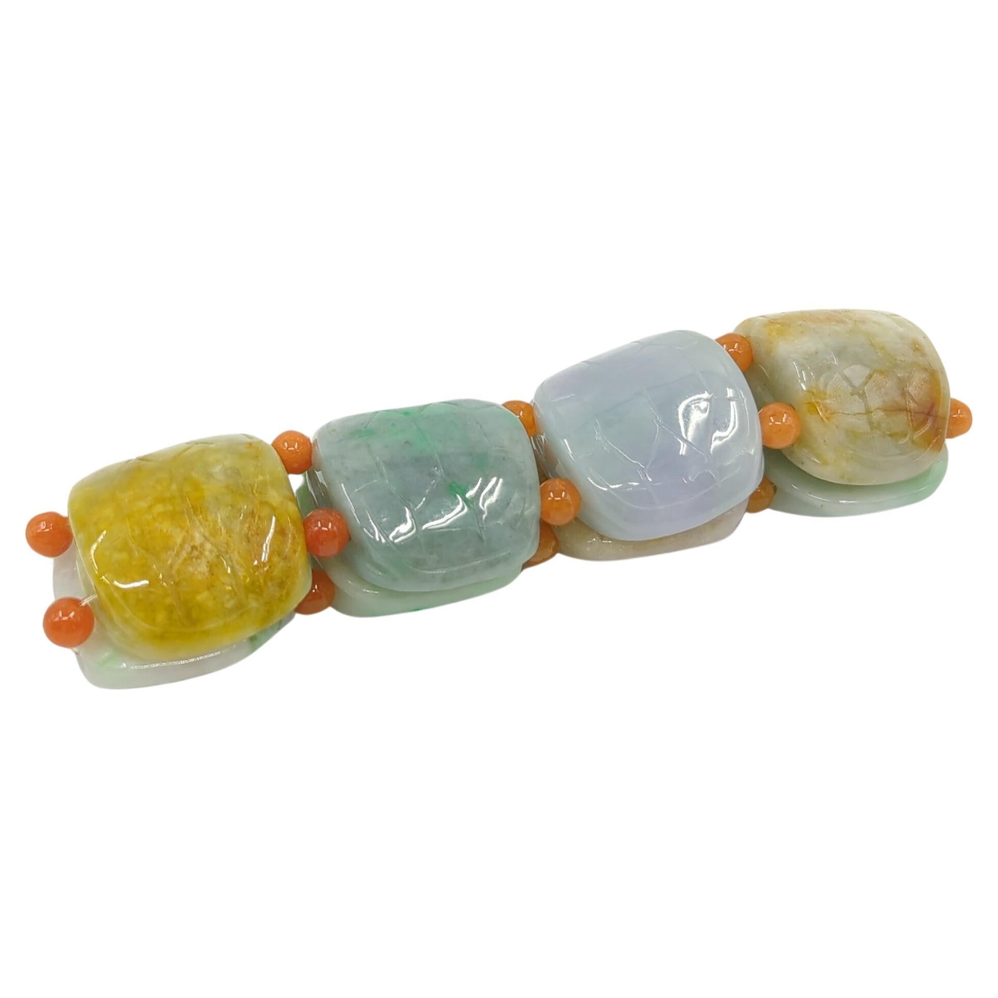 Bracciale con perline multicolore di giadeite naturale cinese d'epoca a forma di guscio di tartaruga in vendita 7