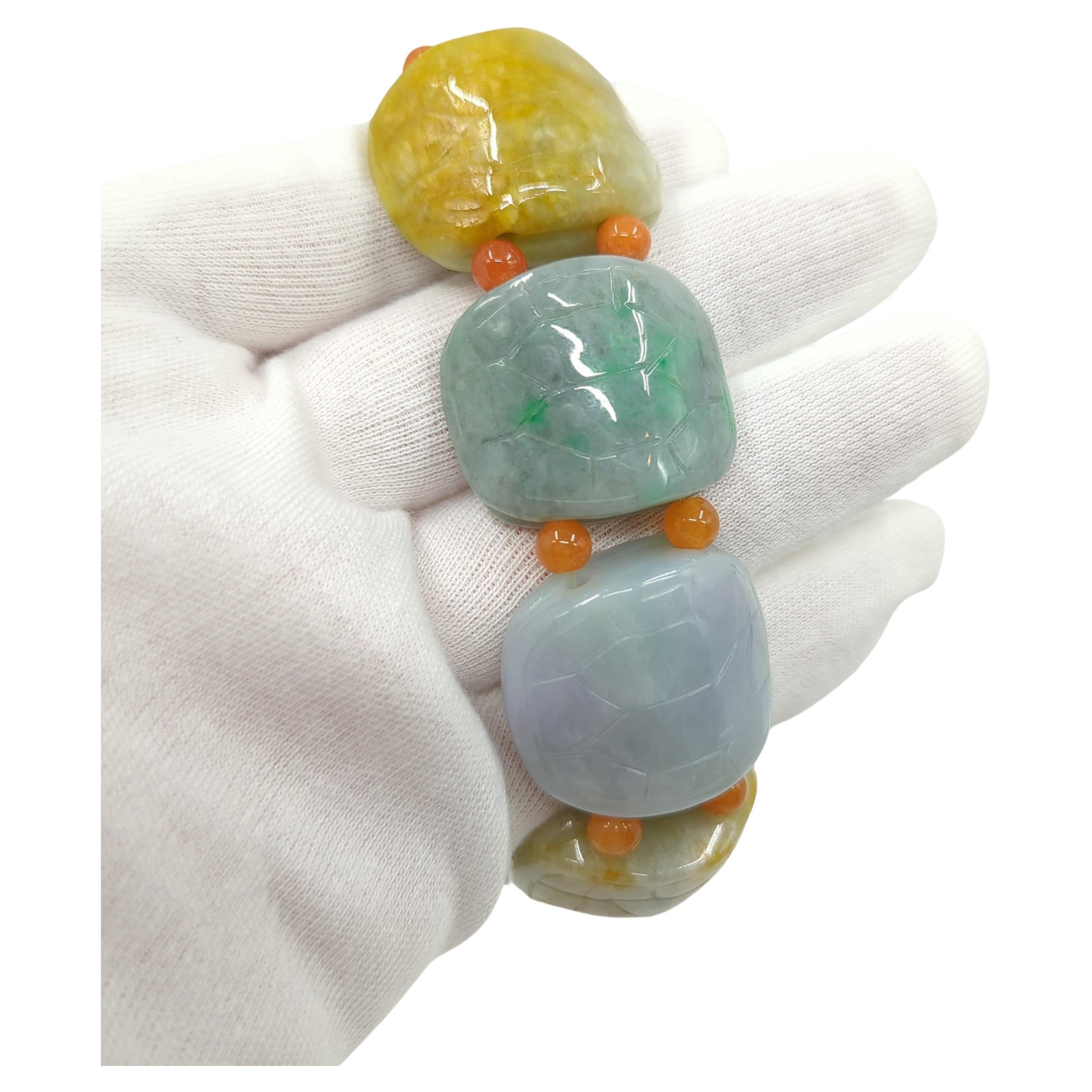Artisan Vintage Chinese Natural Jadeite Turtle Shell Form Multi-Colored Beaded Bracelet For Sale