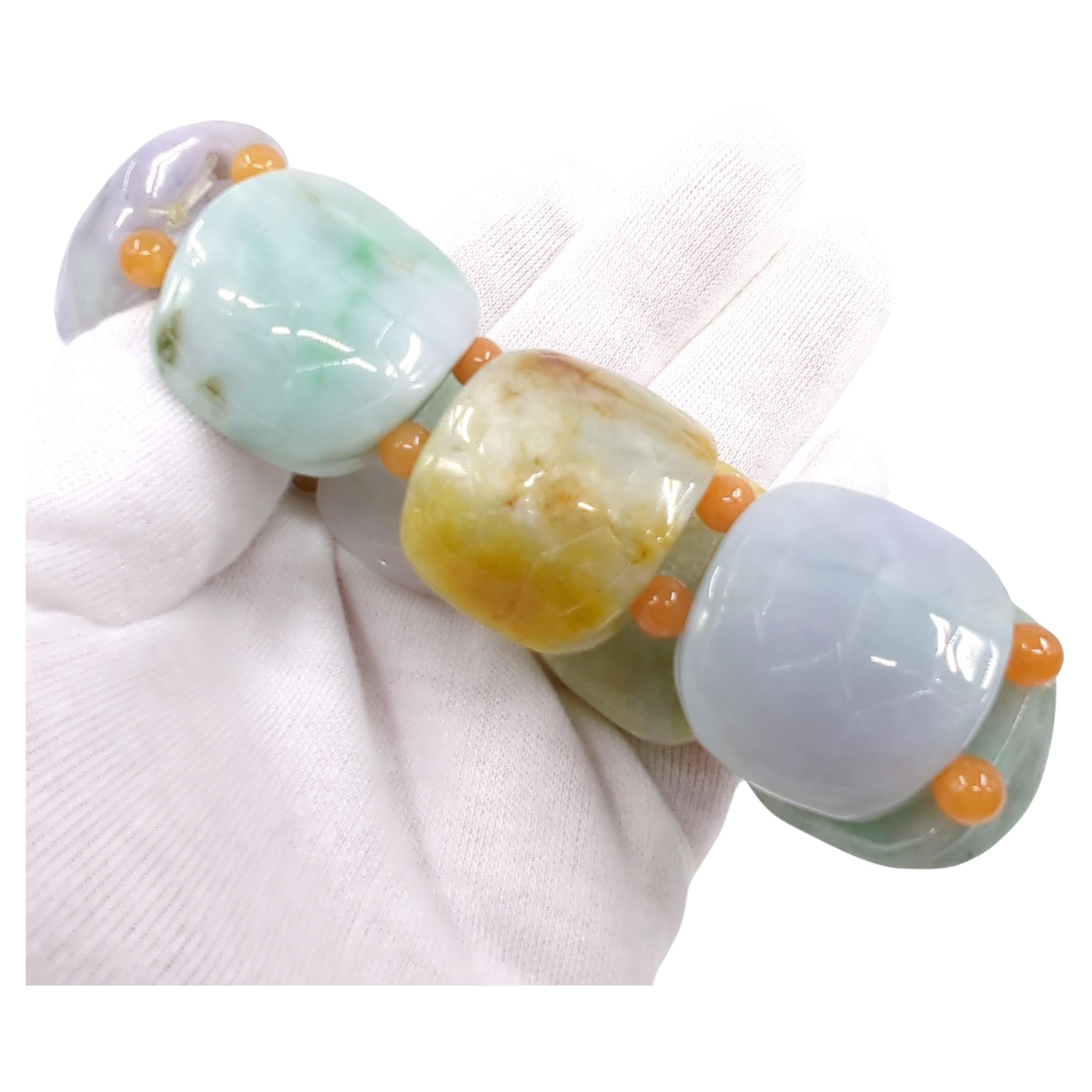 Round Cut Vintage Chinese Natural Jadeite Turtle Shell Form Multi-Colored Beaded Bracelet For Sale