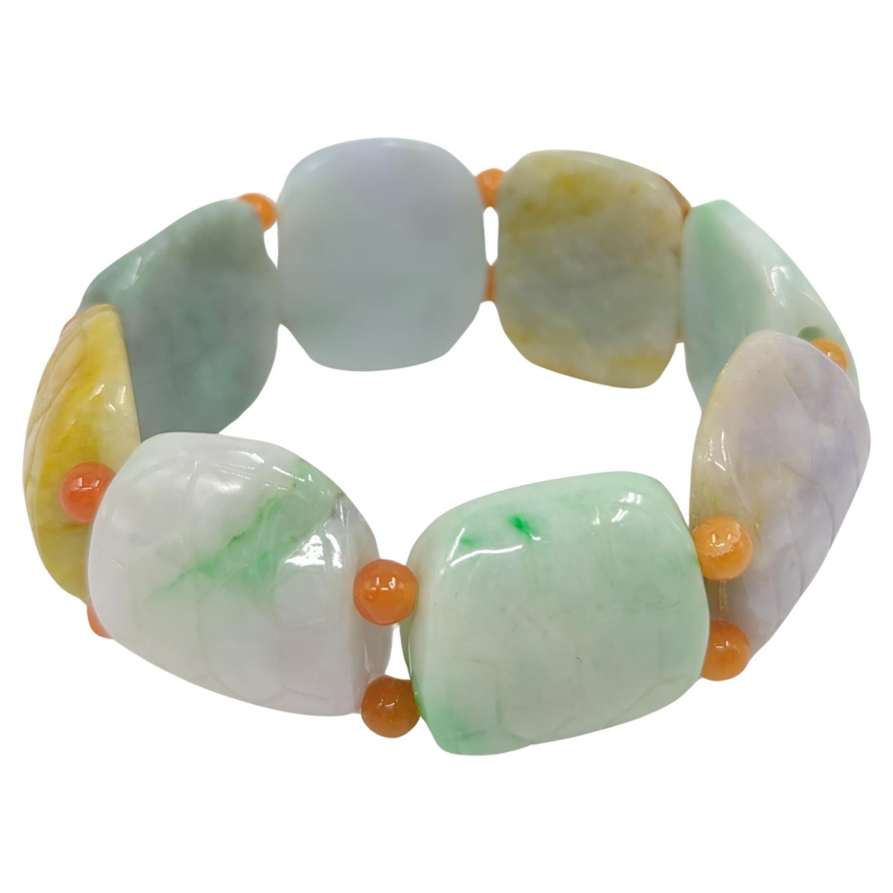 Vintage Chinese Natural Jadeite Turtle Shell Form Multi-Colored Beaded Bracelet In Good Condition For Sale In Richmond, CA