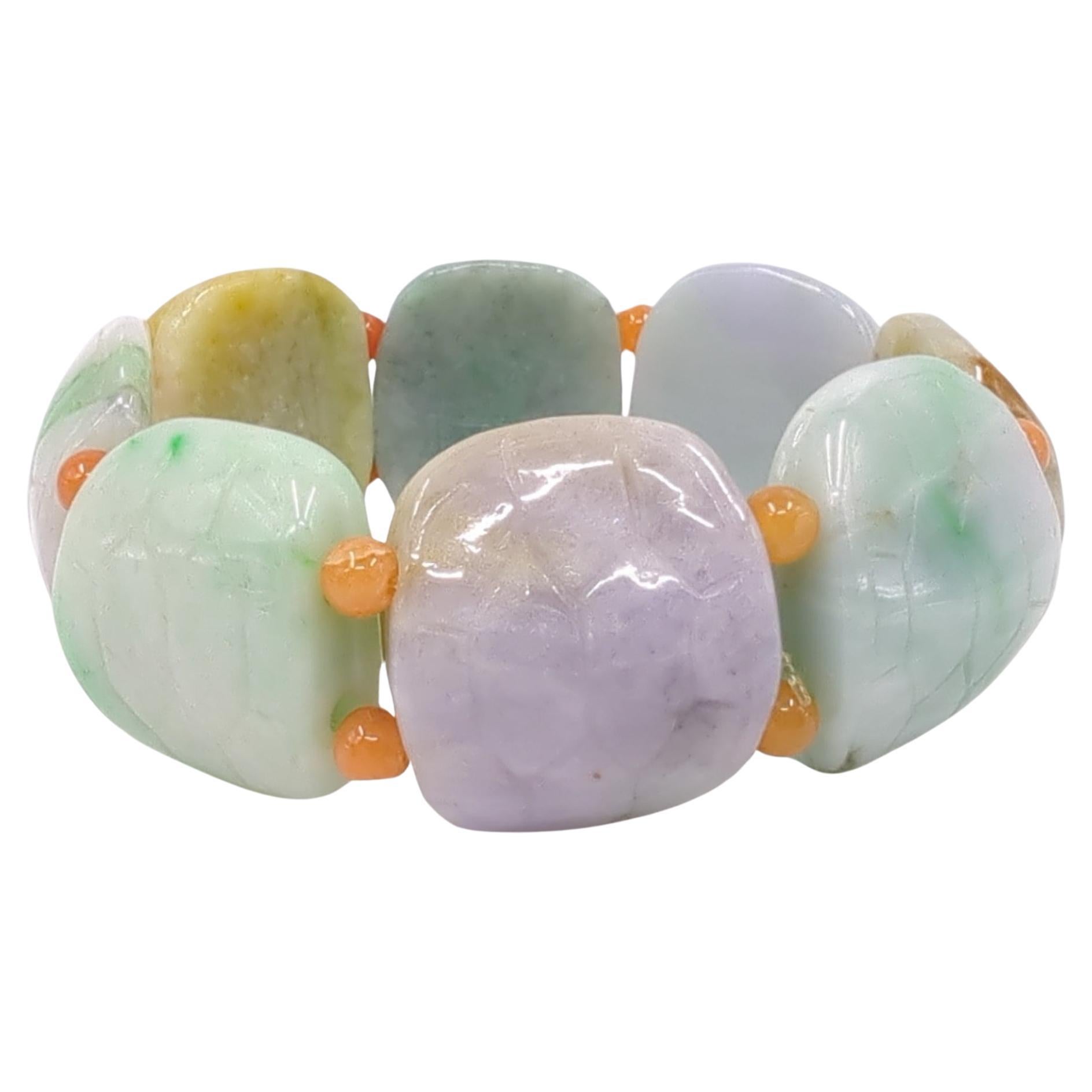 Women's or Men's Vintage Chinese Natural Jadeite Turtle Shell Form Multi-Colored Beaded Bracelet For Sale