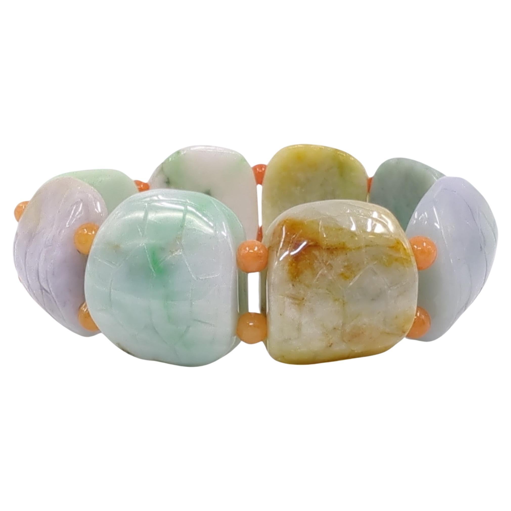 Vintage Chinese Natural Jadeite Turtle Shell Form Multi-Colored Beaded Bracelet For Sale 1