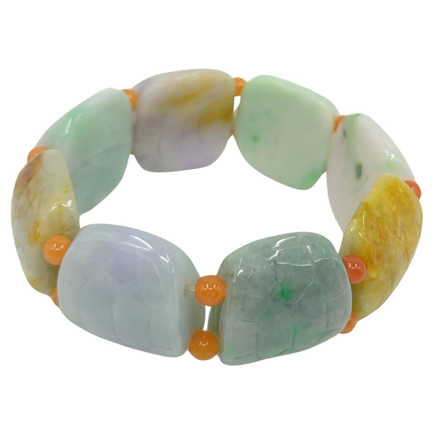 Vintage Chinese Natural Jadeite Turtle Shell Form Multi-Colored Beaded Bracelet For Sale 2