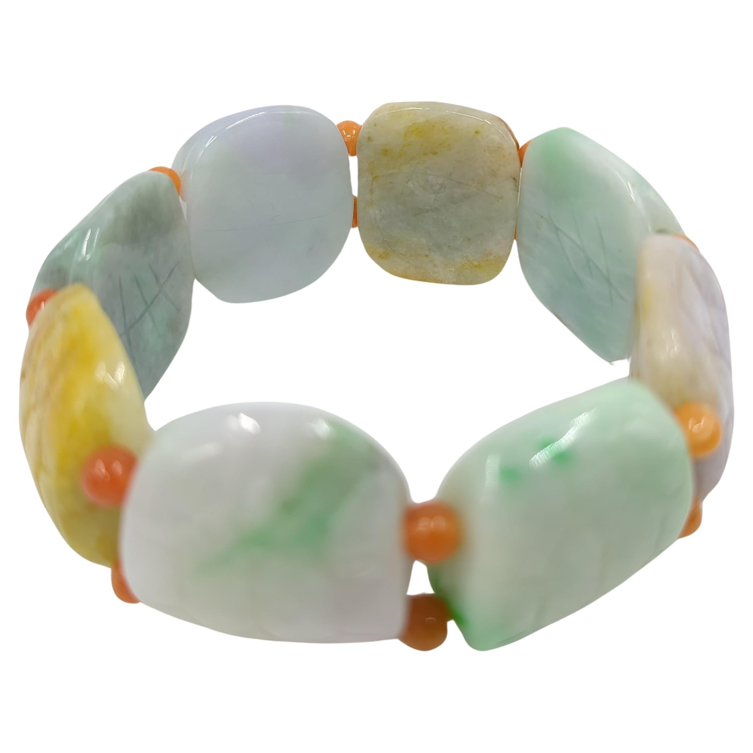 Vintage Chinese Natural Jadeite Turtle Shell Form Multi-Colored Beaded Bracelet For Sale 3