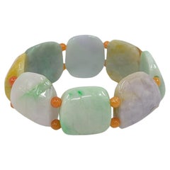 Vintage Chinese Natural Jadeite Turtle Shell Form Multi-Colored Beaded Bracelet