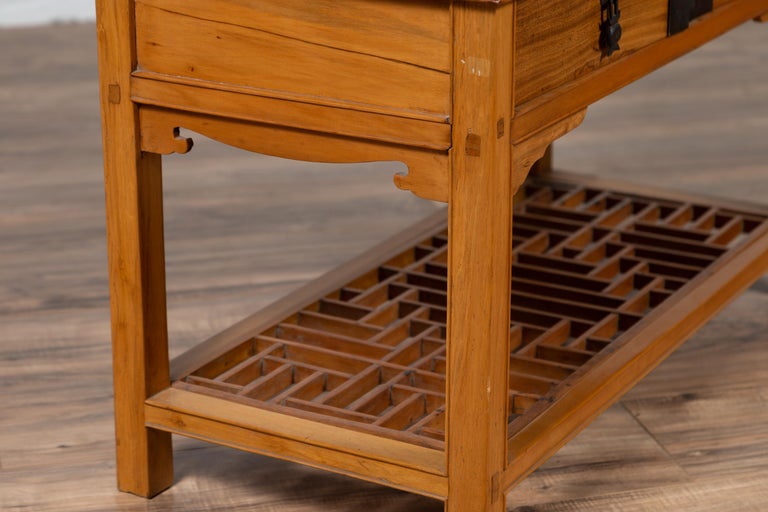 Vintage Chinese Natural Wood Side Table With Two Drawers And