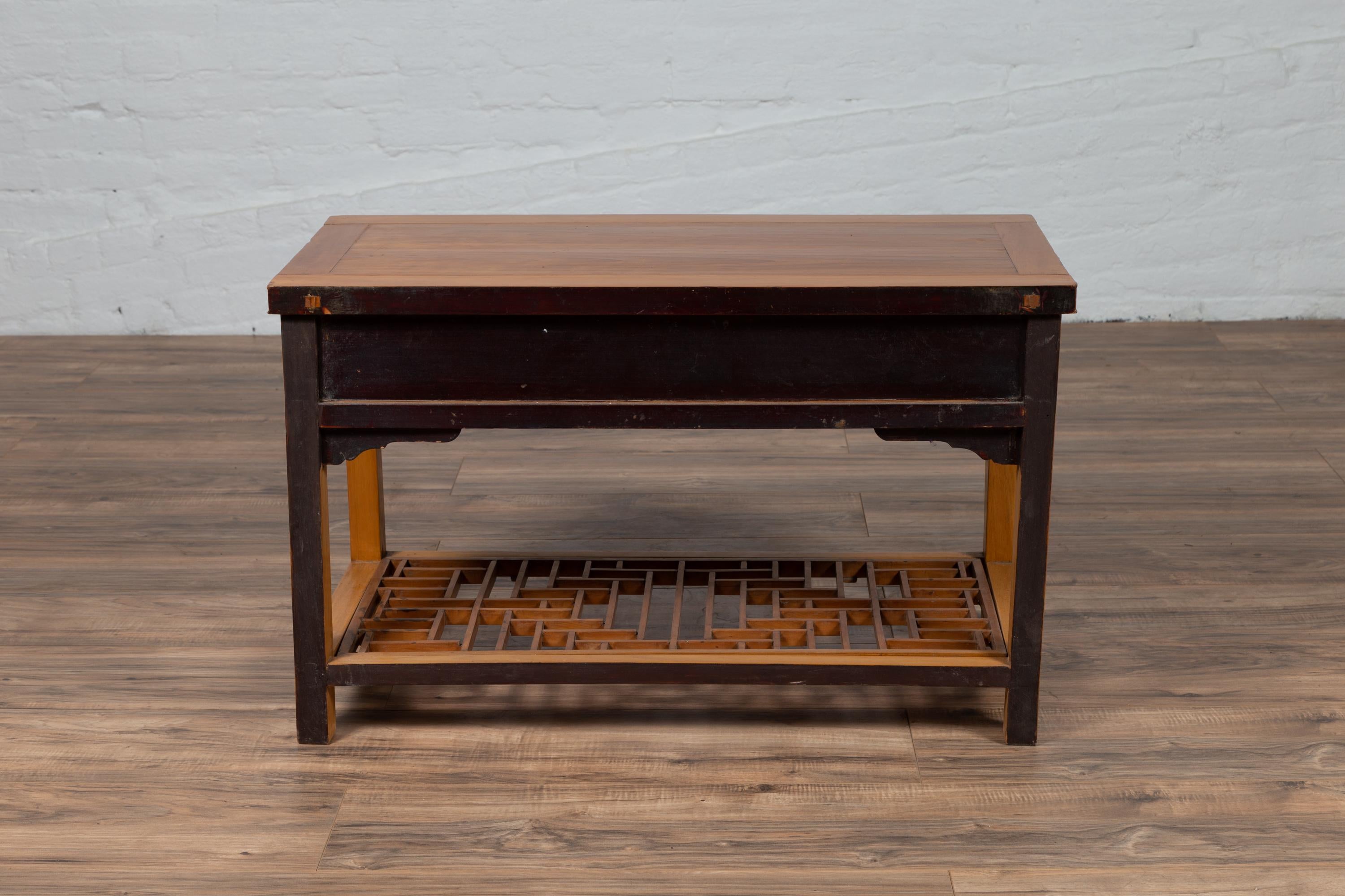 Vintage Chinese Natural Wood Side Table with Two Drawers and Crackled Ice Shelf For Sale 6