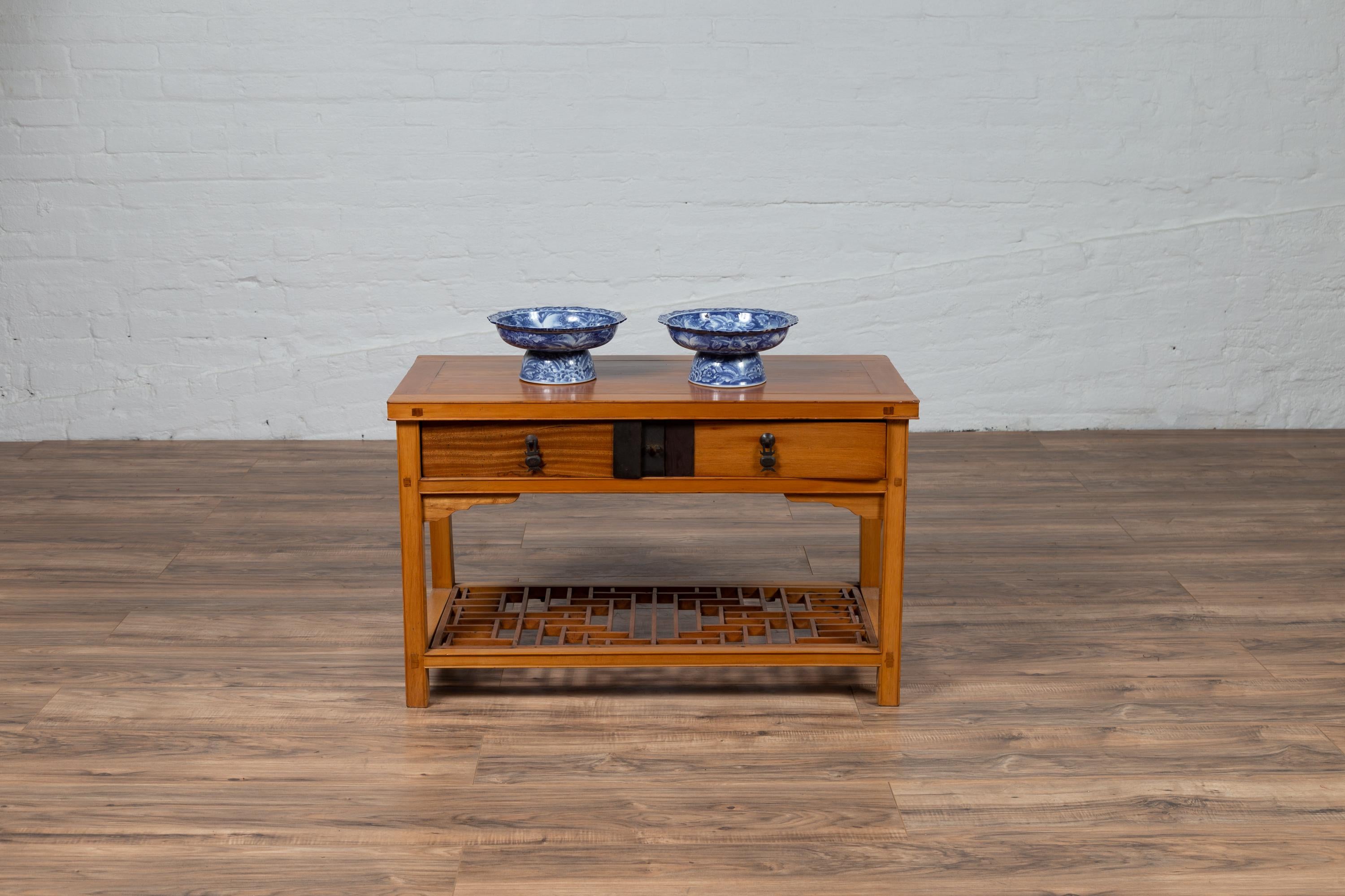 Vintage Chinese Natural Wood Side Table with Two Drawers and Crackled Ice Shelf For Sale 9