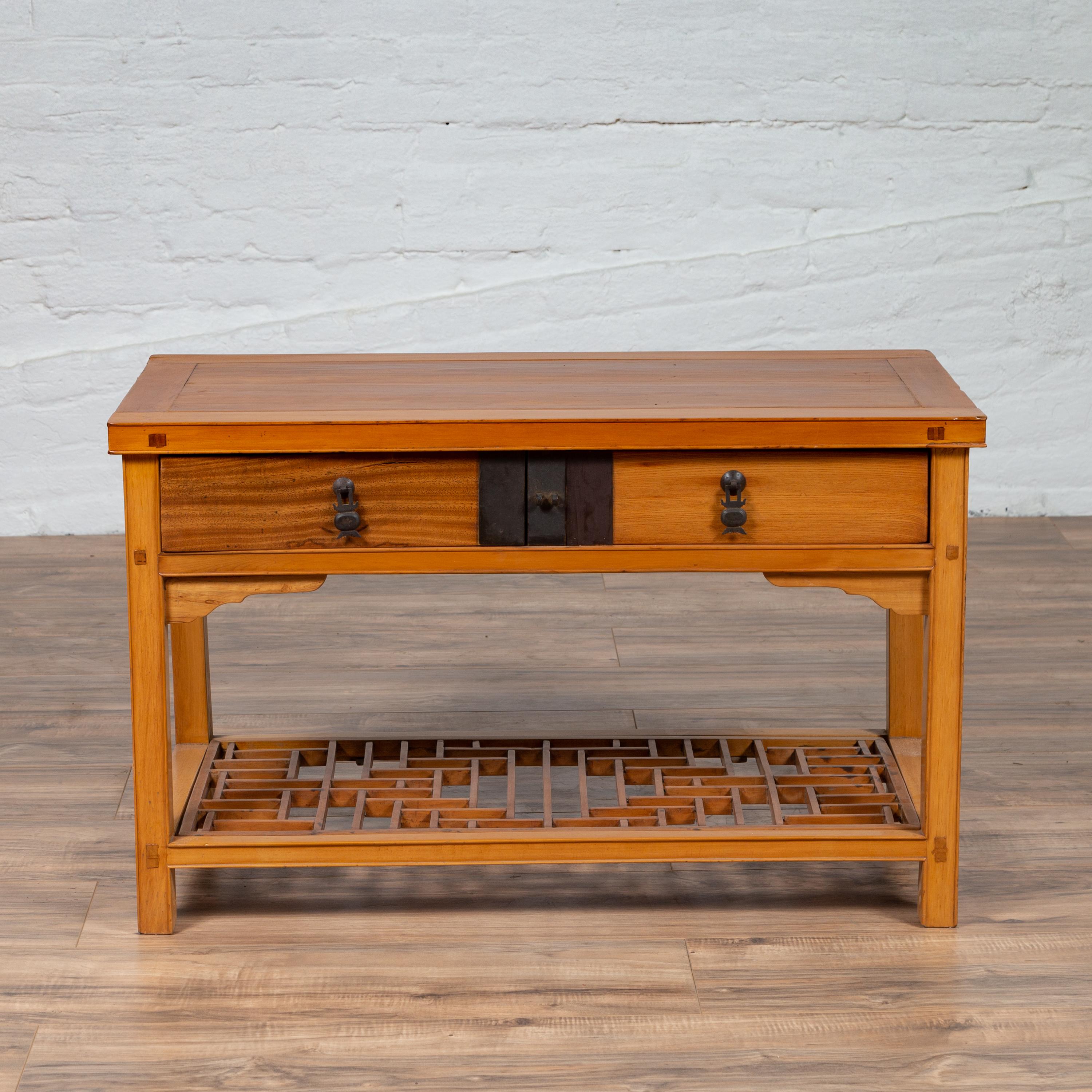 Mid-Century Modern Vintage Chinese Natural Wood Side Table with Two Drawers and Crackled Ice Shelf For Sale