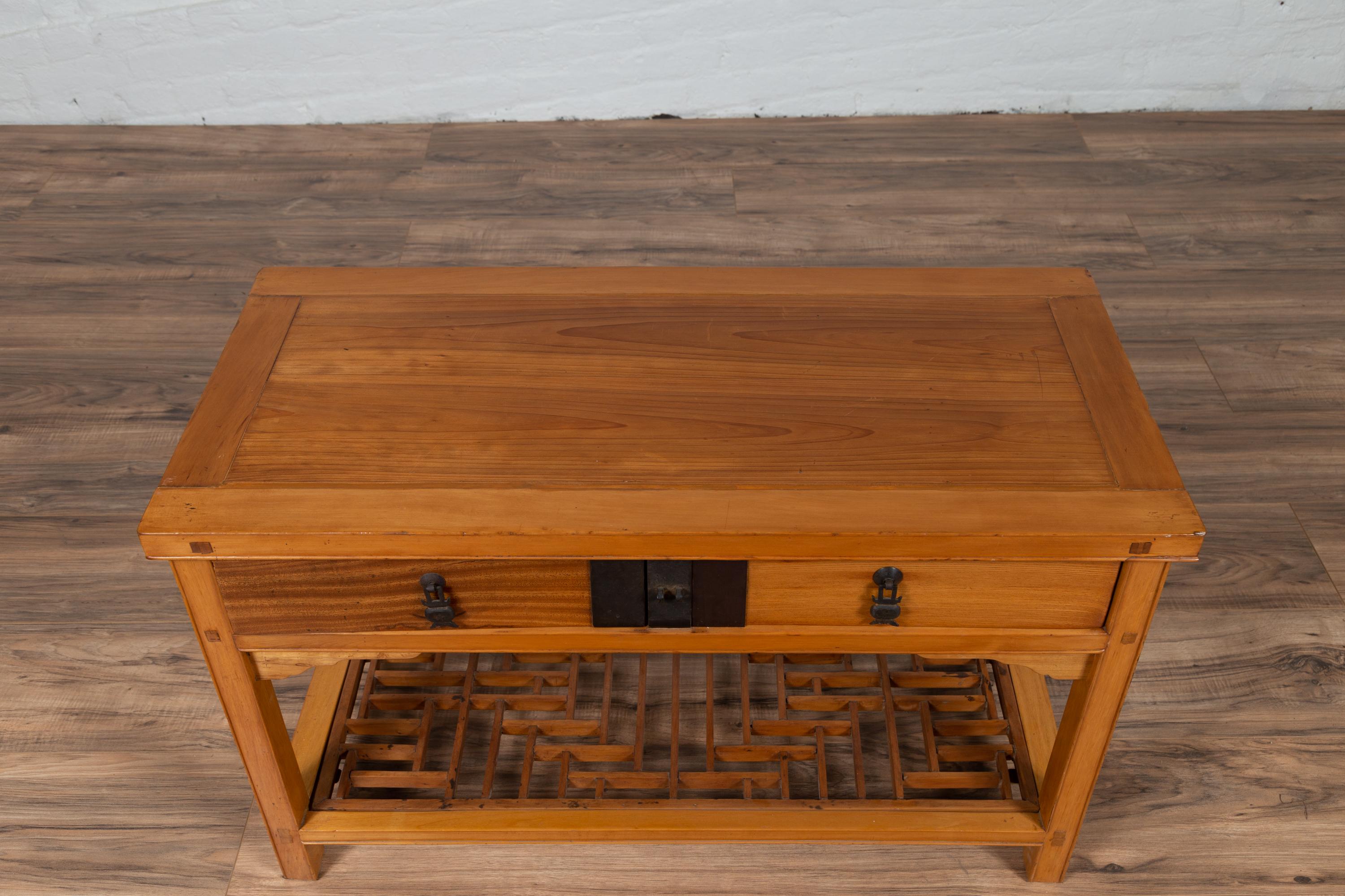 Vintage Chinese Natural Wood Side Table with Two Drawers and Crackled Ice Shelf In Good Condition For Sale In Yonkers, NY