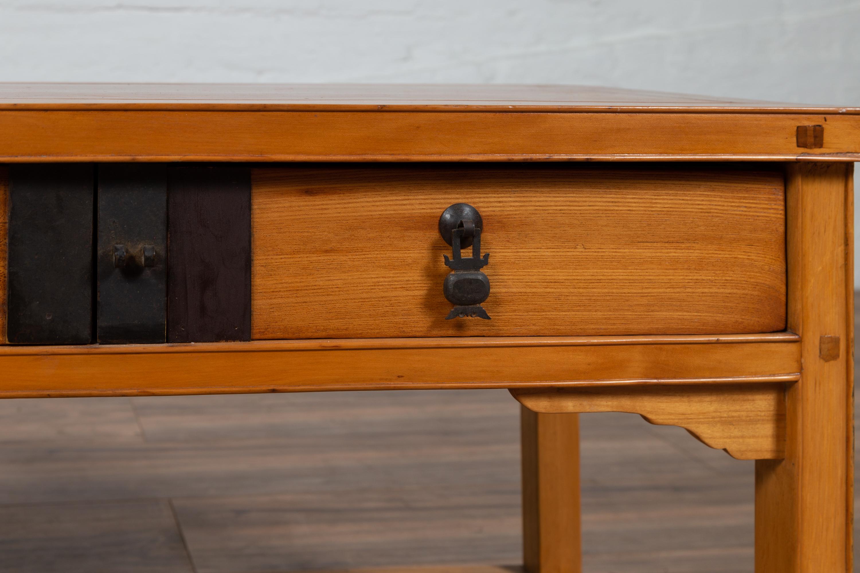 Iron Vintage Chinese Natural Wood Side Table with Two Drawers and Crackled Ice Shelf For Sale