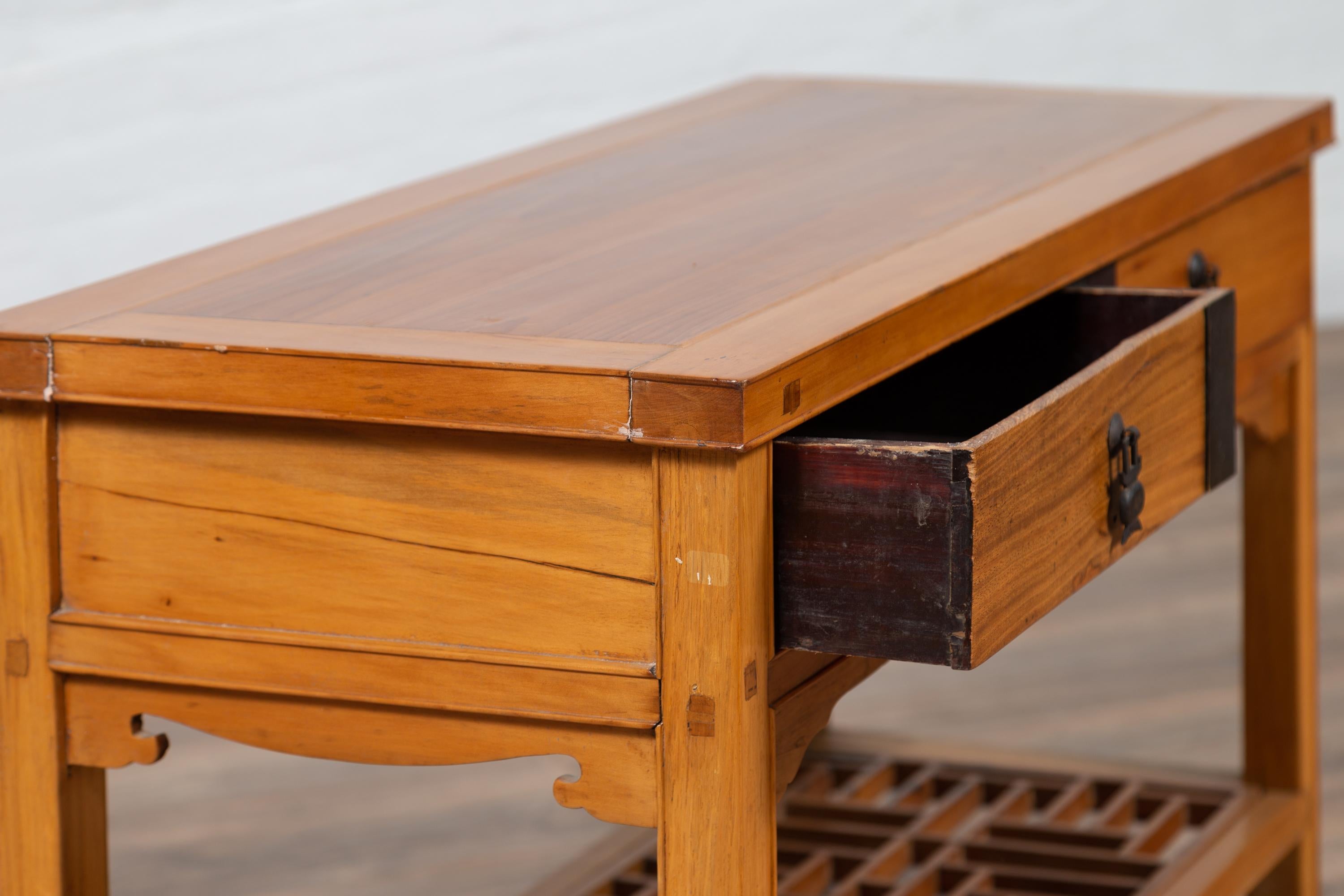 Vintage Chinese Natural Wood Side Table with Two Drawers and Crackled Ice Shelf For Sale 3