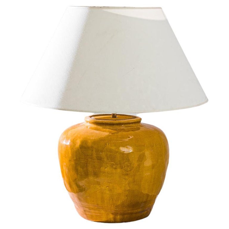 Vintage Chinese Ochre Ceramic Vase Table Lamp For Sale at 1stDibs