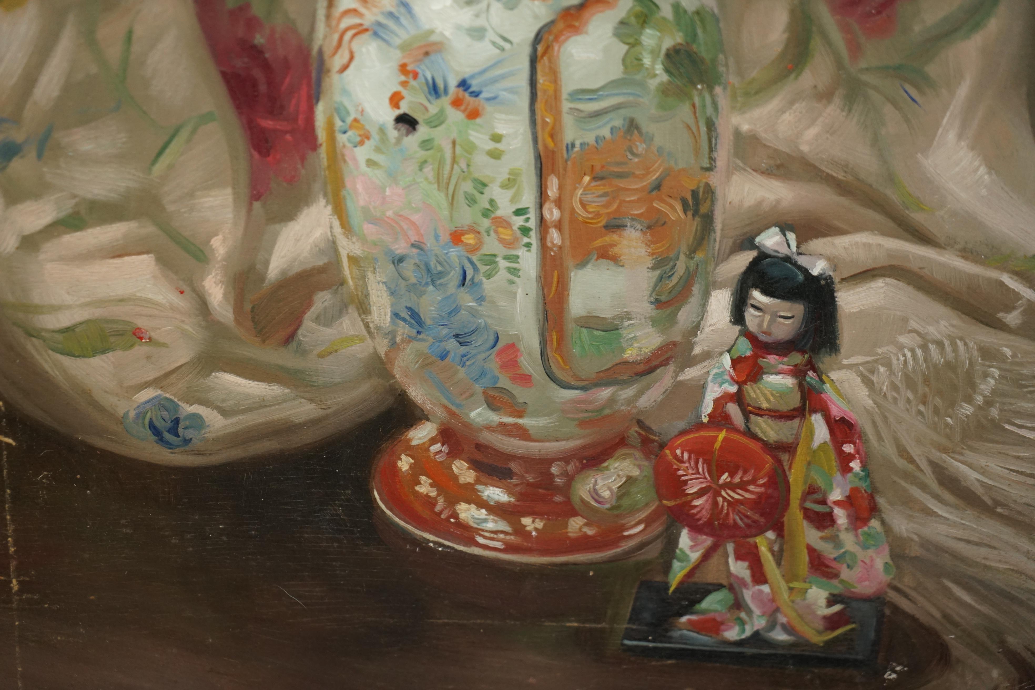 VINTAGE CHINESE OIL PAiNTING OF A BEAUTIFUL VASE & GHASIA GIRL STATUE For Sale 5