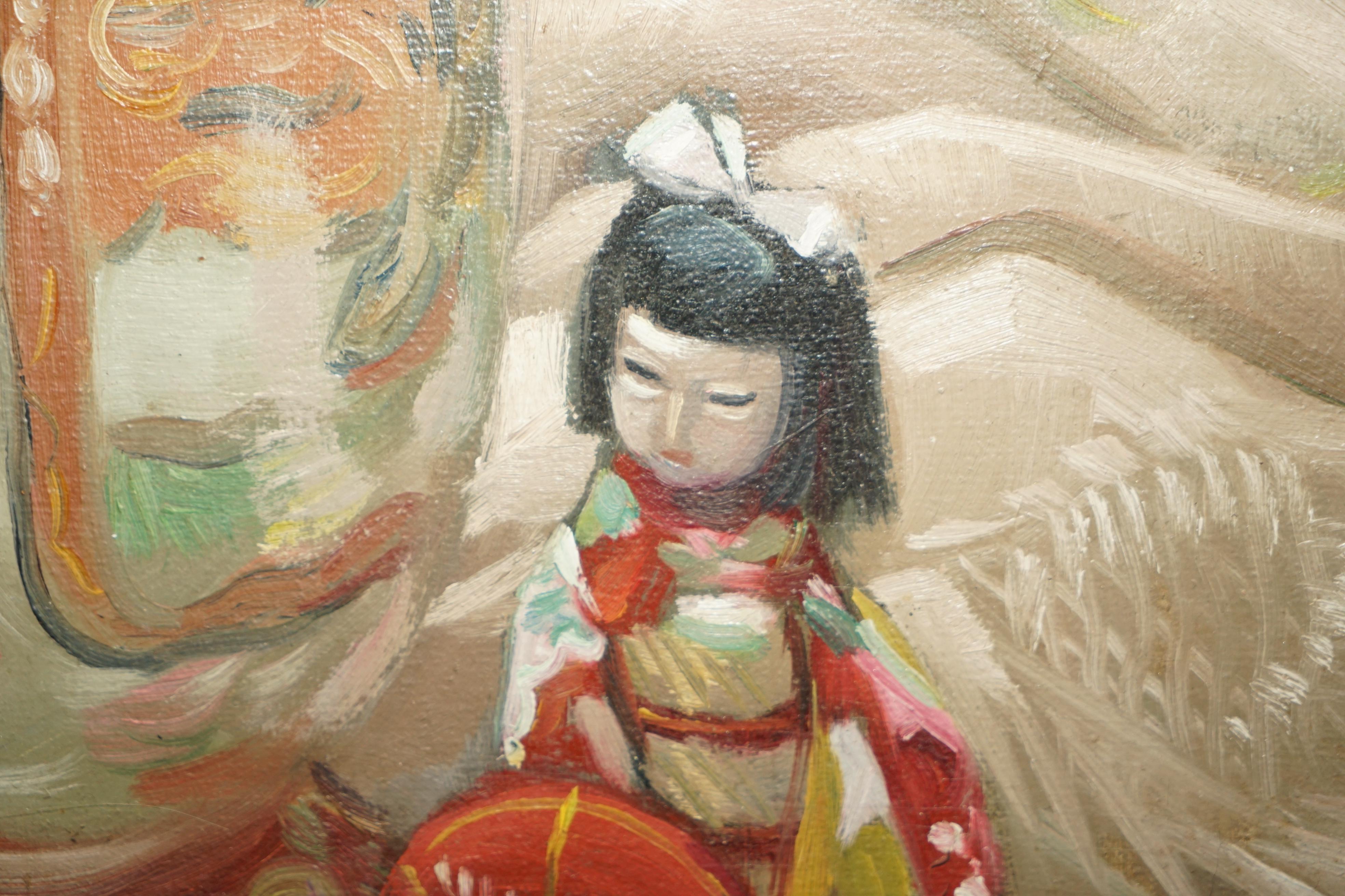 VINTAGE CHINESE OIL PAiNTING OF A BEAUTIFUL VASE & GHASIA GIRL STATUE For Sale 9