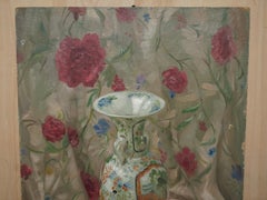 VINTAGE CHINESE OIL PAiNTING OF A BEAUTIFUL VASE & GHASIA GIRL STATUE