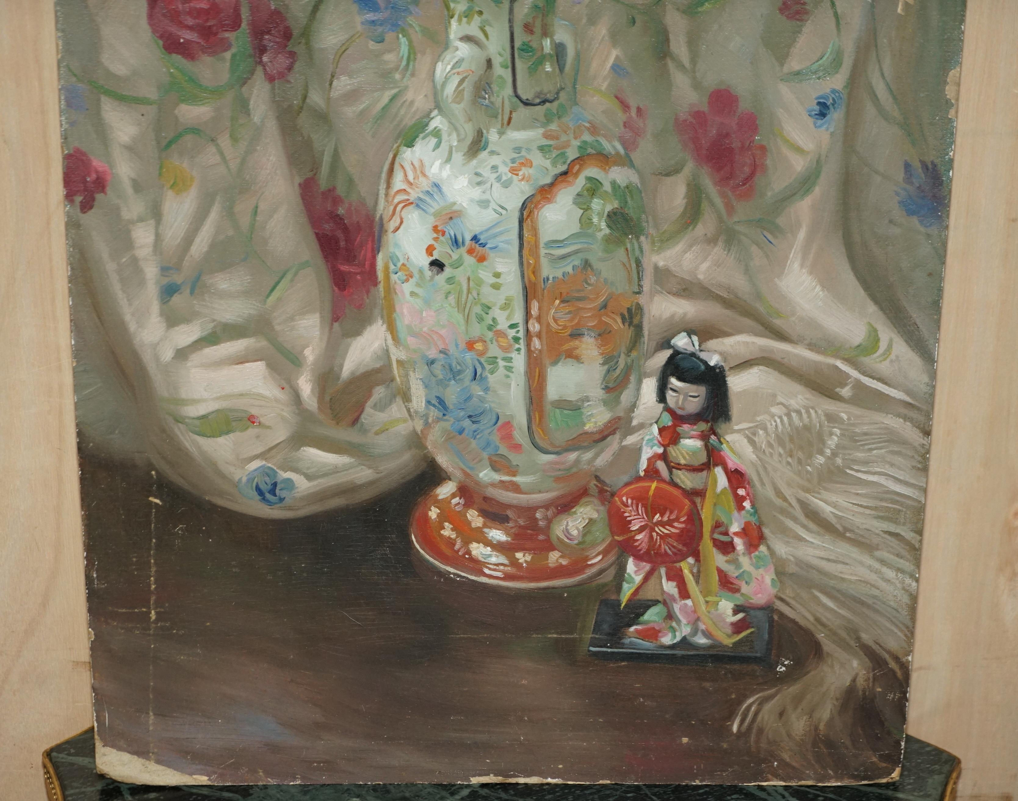 Chinese Export VINTAGE CHINESE OIL PAiNTING OF A BEAUTIFUL VASE & GHASIA GIRL STATUE For Sale
