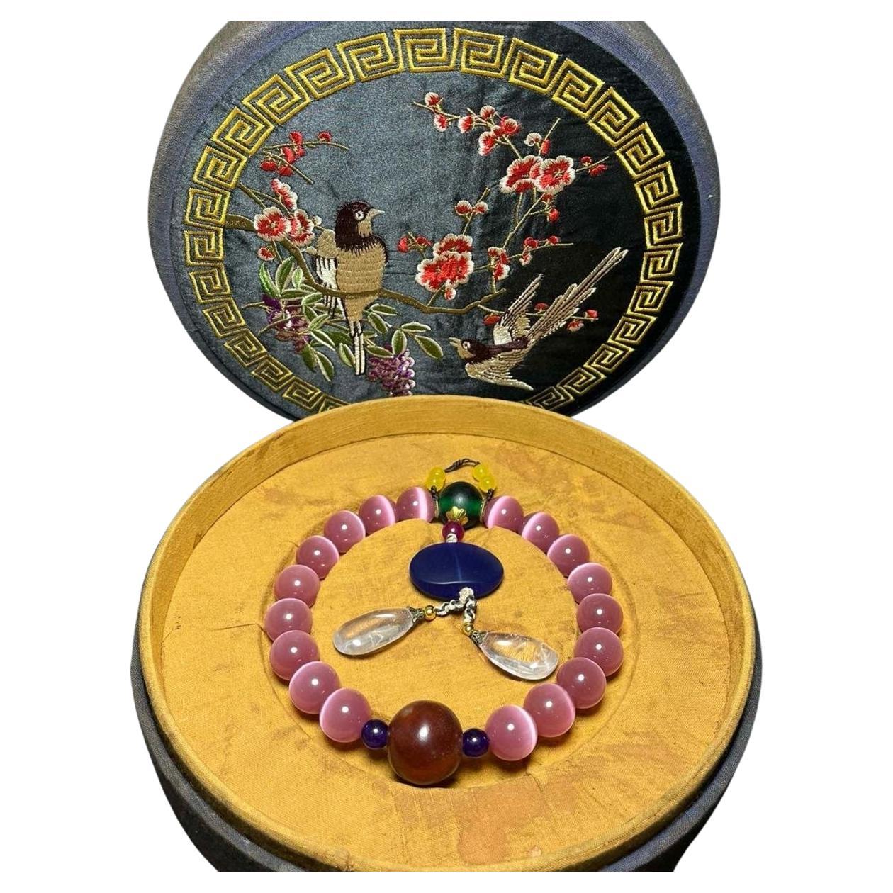 Vintage Chinese Opal Eighteen Beads Bracelet in Embroidered Box