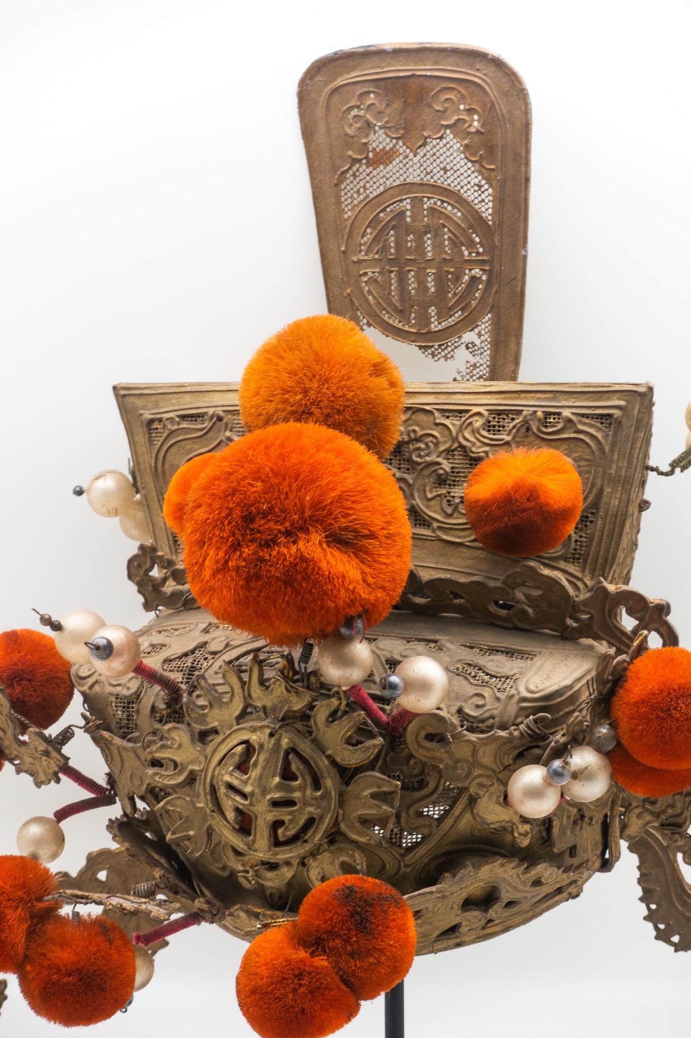 Qing Vintage Chinese Opera Headdress Orange Pom Poms