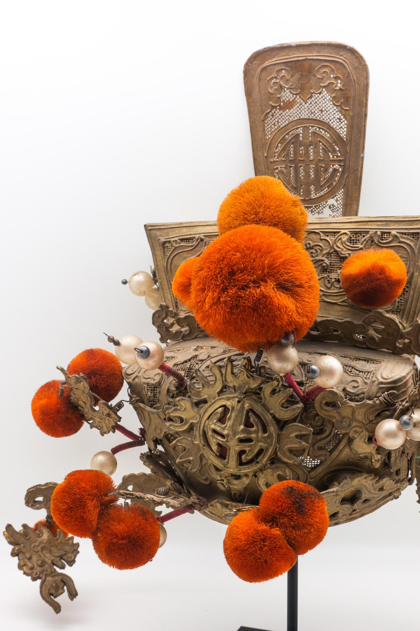 Vintage Chinese Opera Headdress Orange Pom Poms In Good Condition In New York, NY