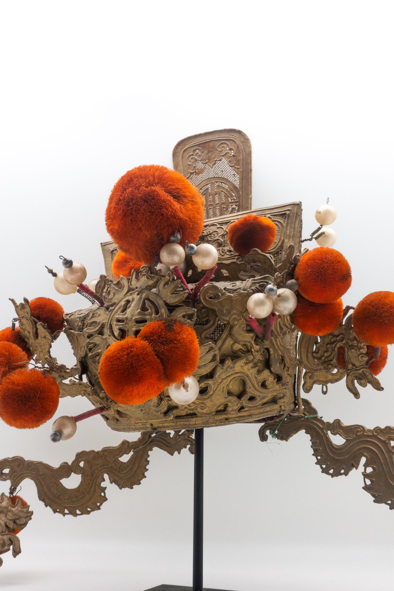 Metal Vintage Chinese Opera Headdress Orange Pom Poms