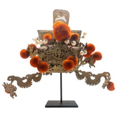 Antique Chinese Opera Headdress Orange Pom Poms