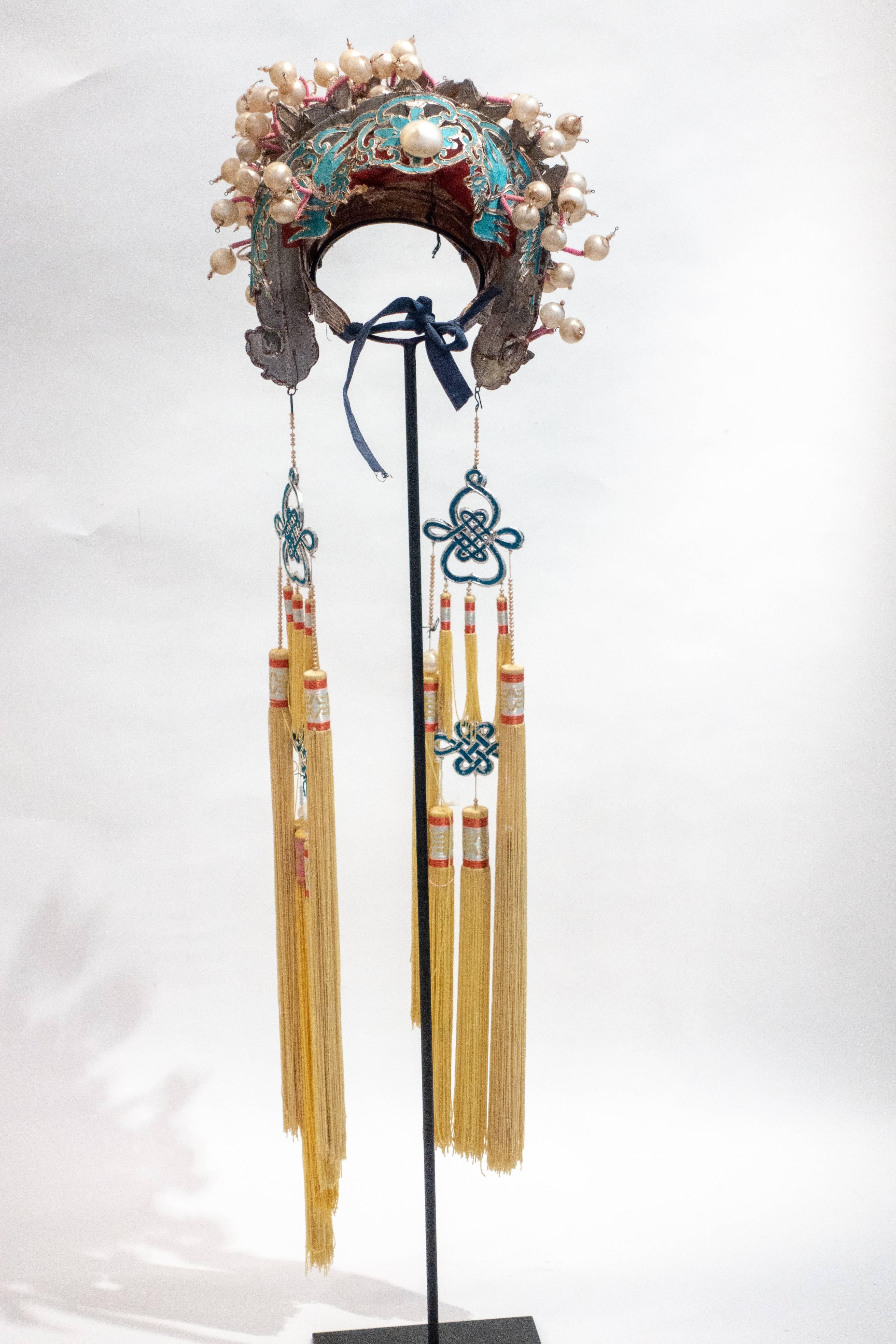 Vintage Chinese opera theatre headdress, early 20th century, mounted on a custom, black painted metal base.