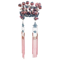 Vintage Chinese Opera Theatre Headdress, Pink/Blue Pom Poms, Early 20th Century