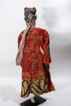 Vintage Chinese Opera Theatre Marionette, Red Silk Robe, Orange Pom Poms