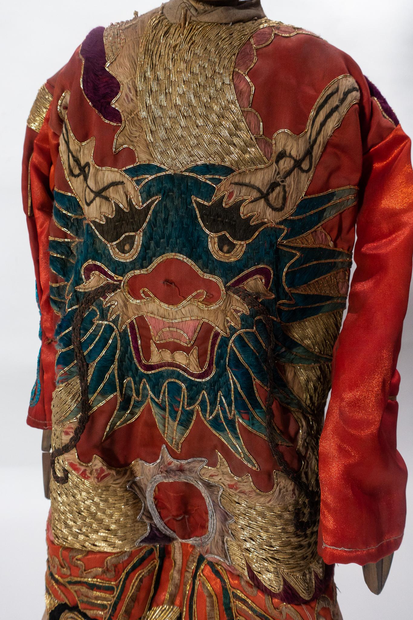 Ming Vintage Chinese Opera Theatre Marionette, Red Silk Robe, Orange Pom Poms