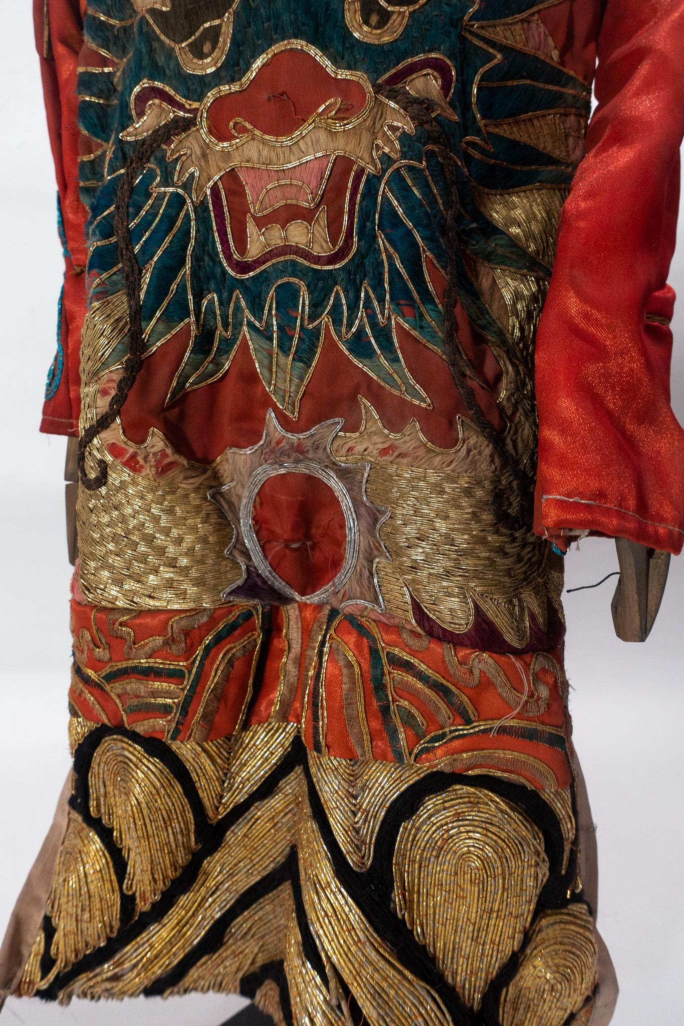 Early 20th Century Vintage Chinese Opera Theatre Marionette, Red Silk Robe, Orange Pom Poms
