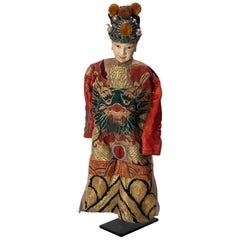 Vintage Chinese Opera Theatre Marionette, Red Silk Robe, Orange Pom Poms
