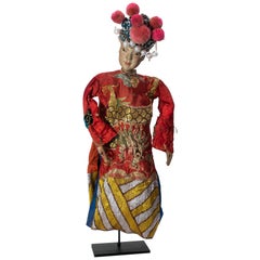 Vintage Chinese Opera Theatre Marionette, Red Silk Robe, Pink Pom Poms