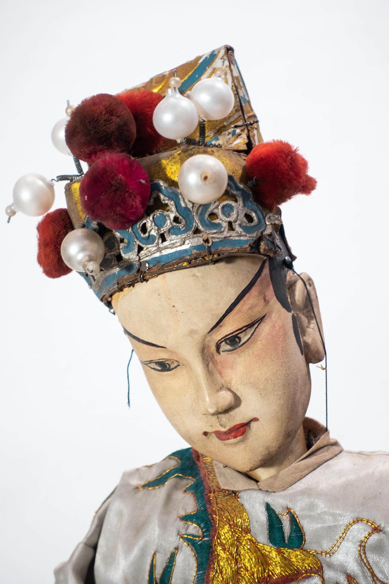 Ming Vintage Chinese Opera Theatre Marionette, White Silk Robe, Red Pom Poms