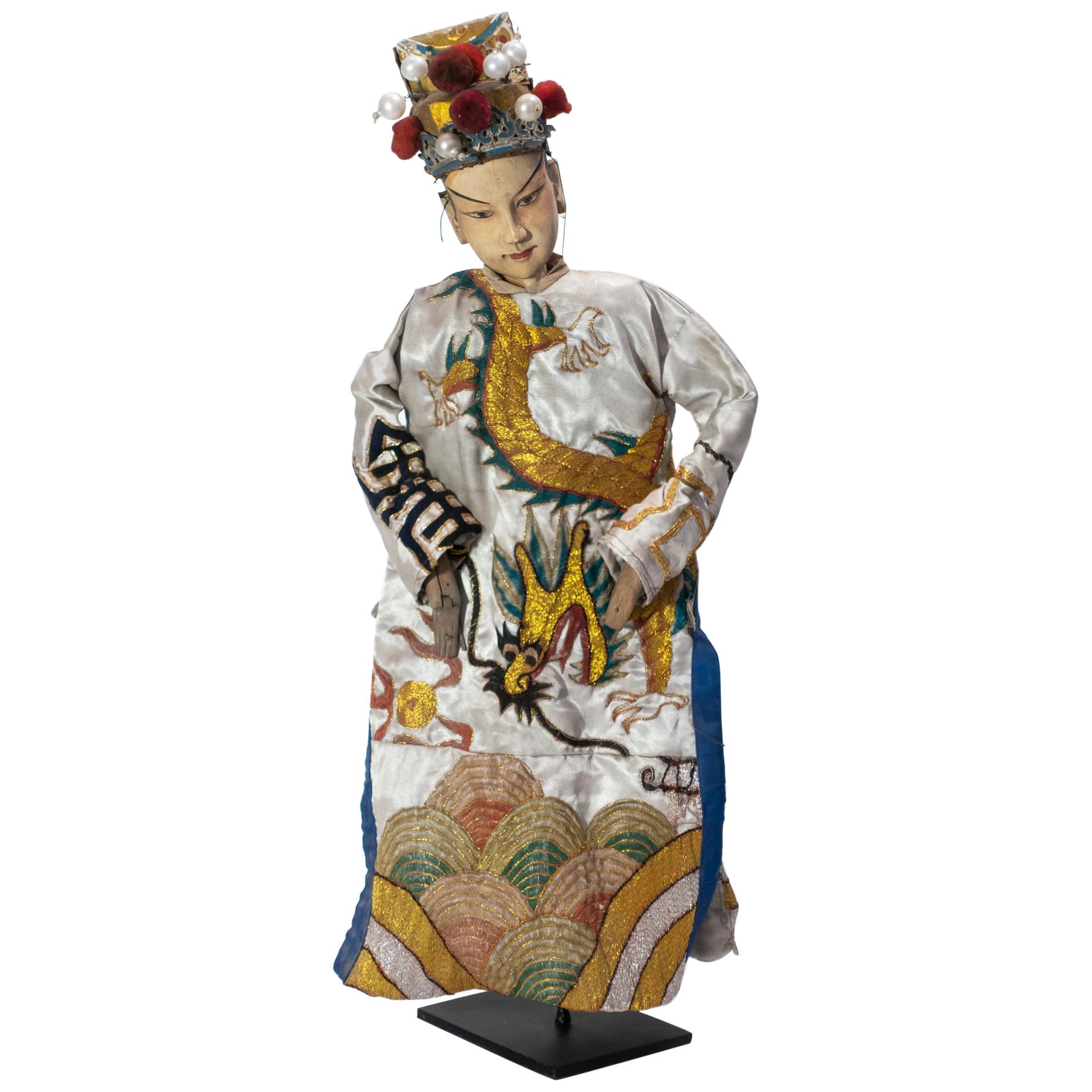 Vintage Chinese Opera Theatre Marionette, White Silk Robe, Red Pom Poms