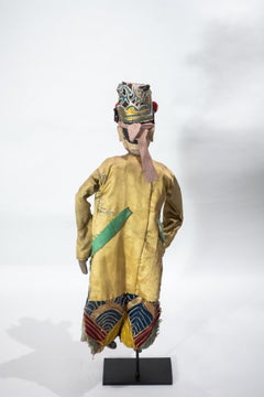 Vintage Chinese Opera Theatre Marionette, Yellow Silk Robe, Red Pom Poms